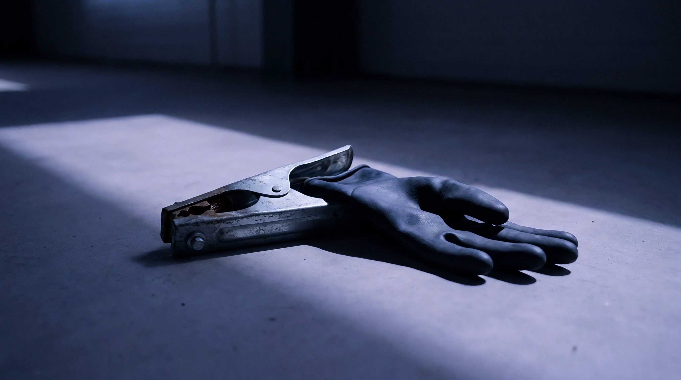 A rusted steel electrical terminal clamp rests beside a worn polymer protective glove on a concrete industrial workshop floor.