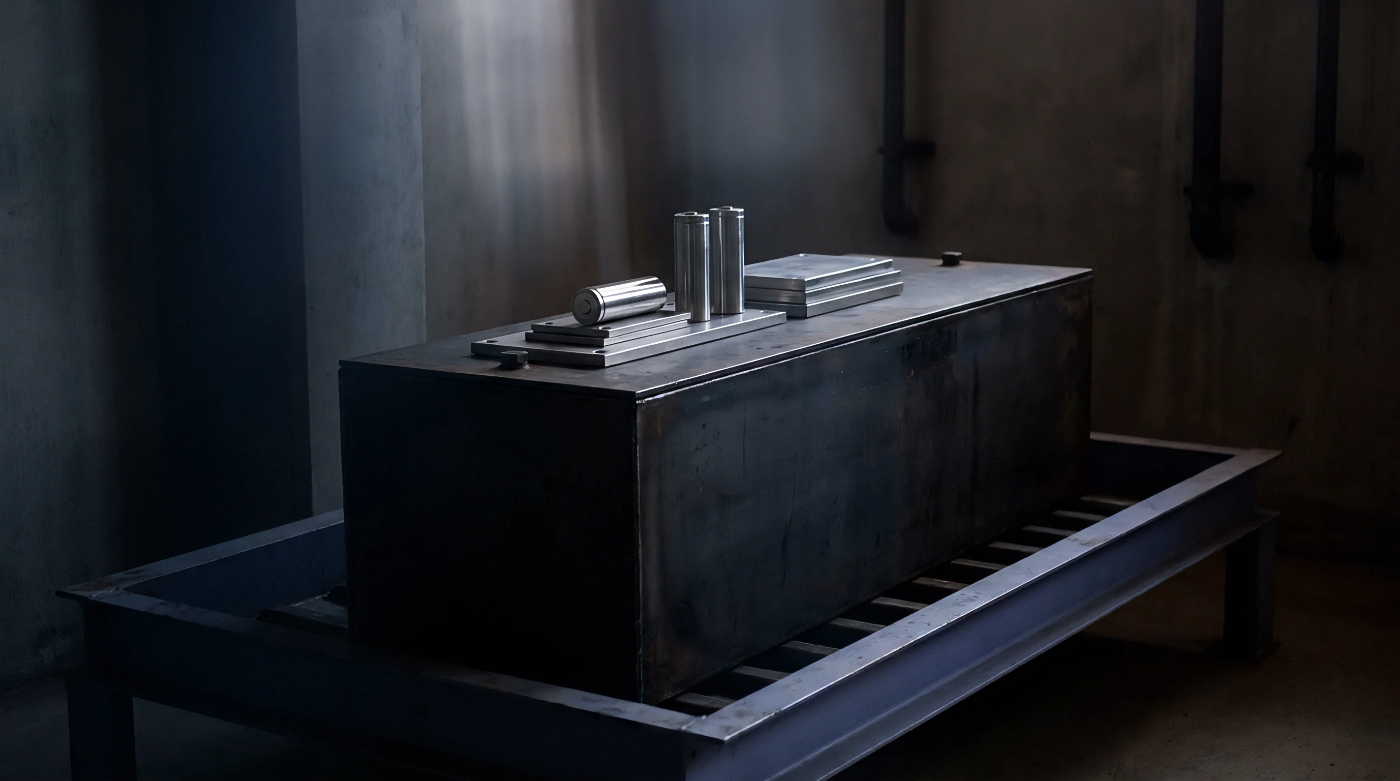 Heavy steel battery enclosure and modular cell components rest on a metal pallet inside an industrial production facility.