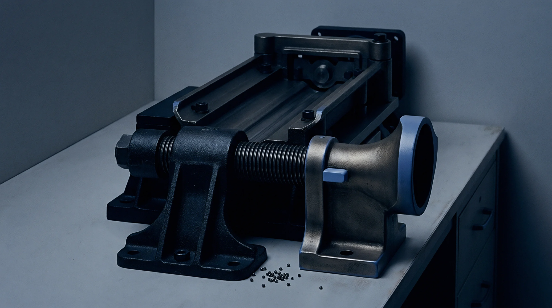 A rendered heavy cast iron mechanical assembly with a threaded lead screw rests on a grey workshop workbench alongside scattered miniature steel ball bearings.