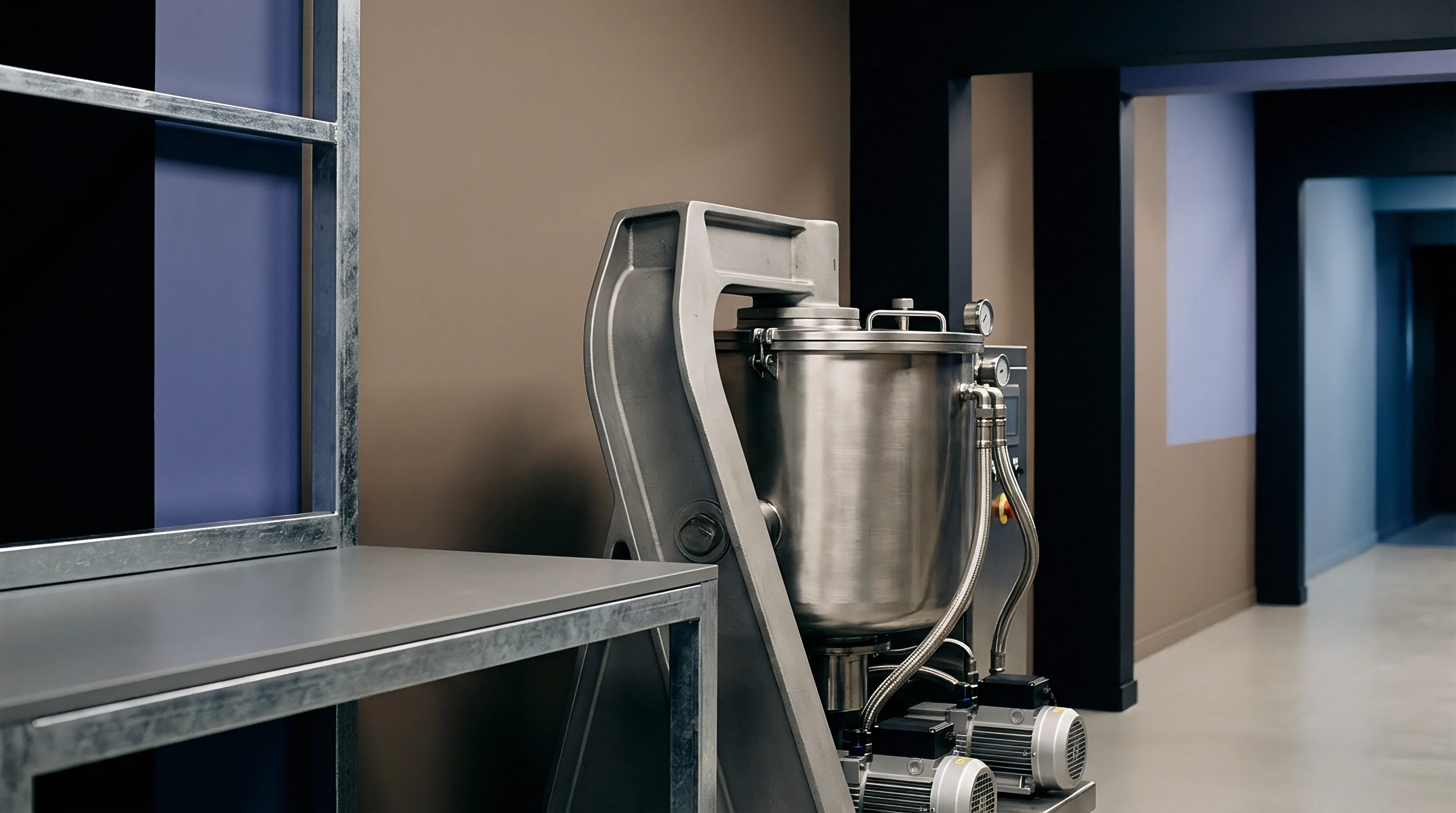 Heavy stainless steel industrial mixing equipment stands beside a metal workbench inside a modern battery manufacturing facility corridor.