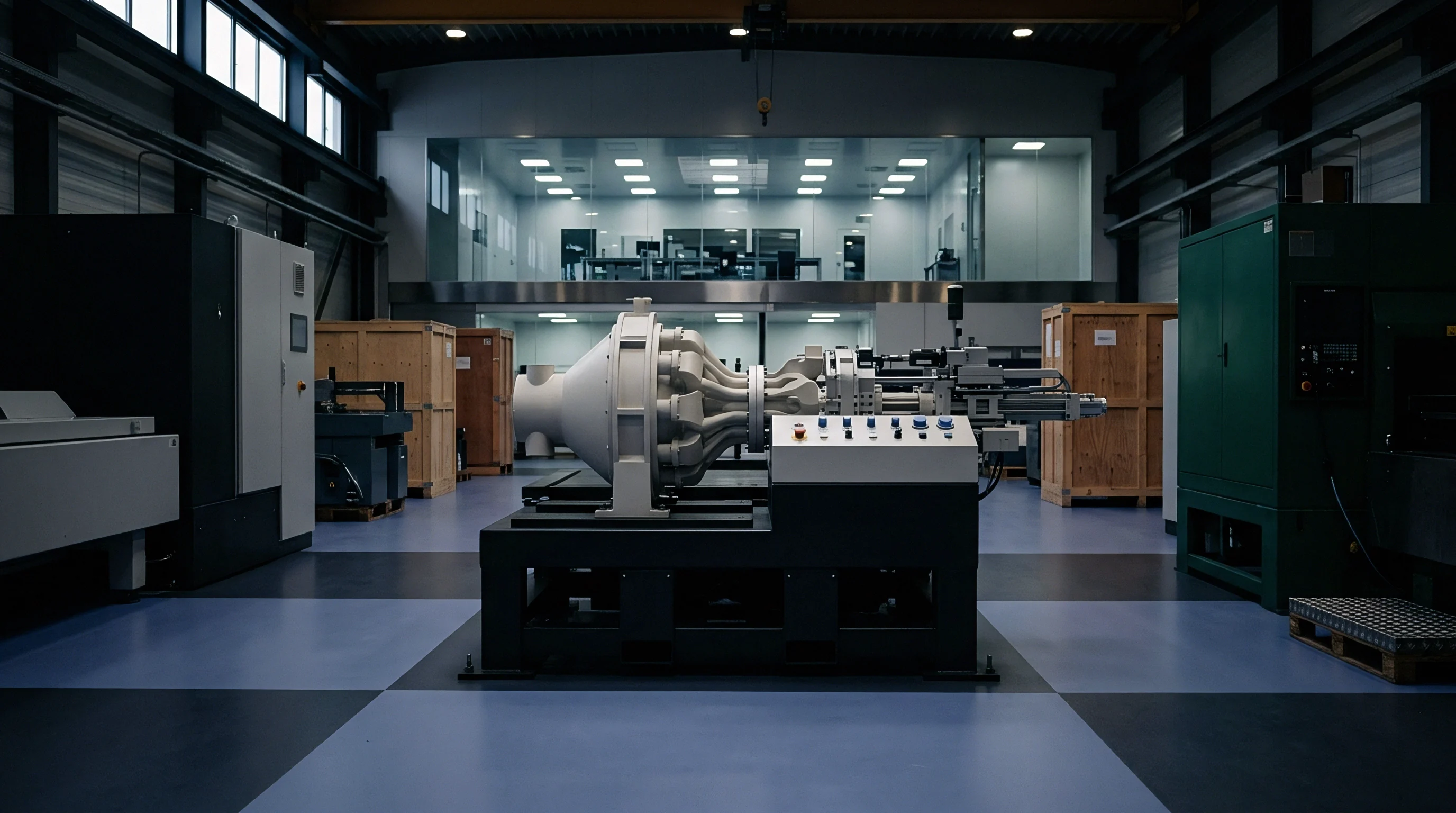 An industrial energy storage manufacturing facility houses an automated cell assembly system mounted on a structural steel frame near wooden cargo crates.