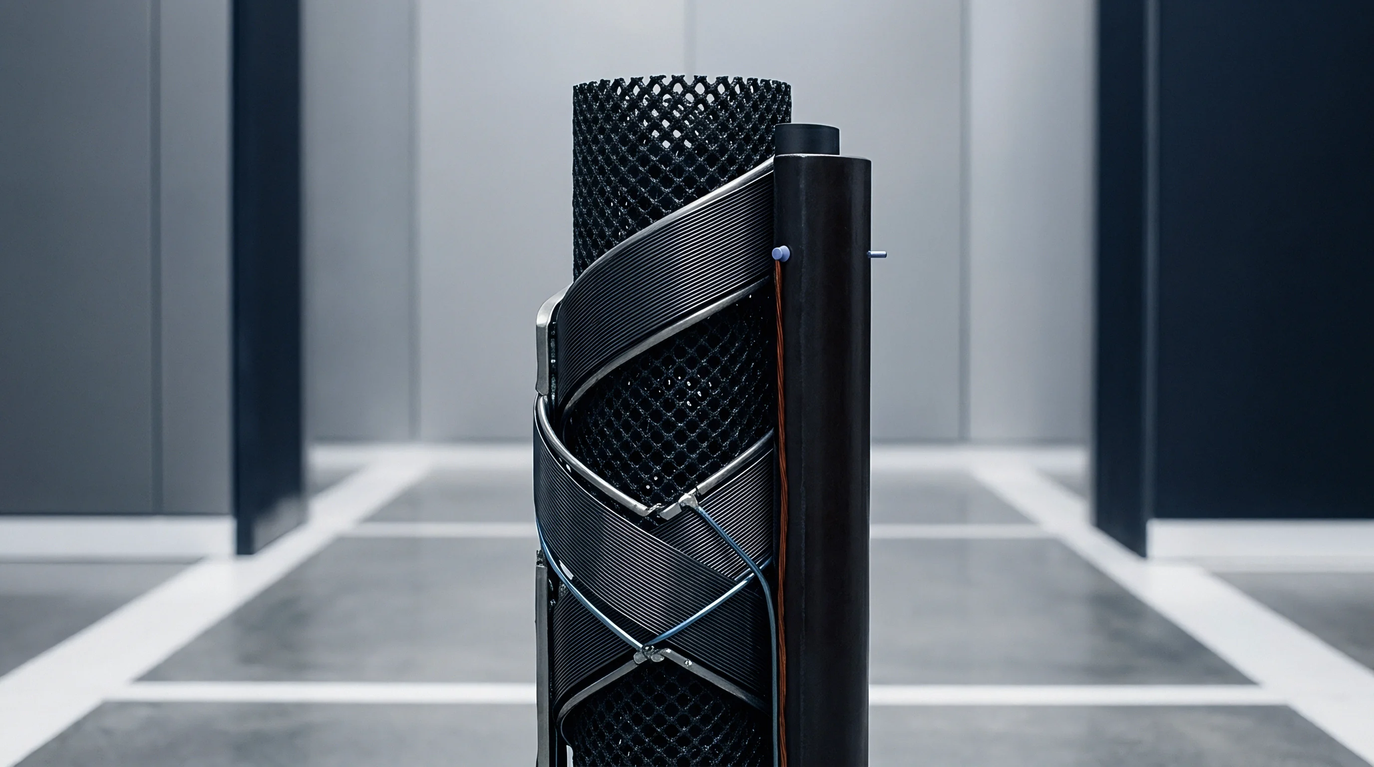 This detailed view shows a complex cylindrical energy storage component constructed from a black mesh substrate with spiraling metallic bands and integrated wiring.