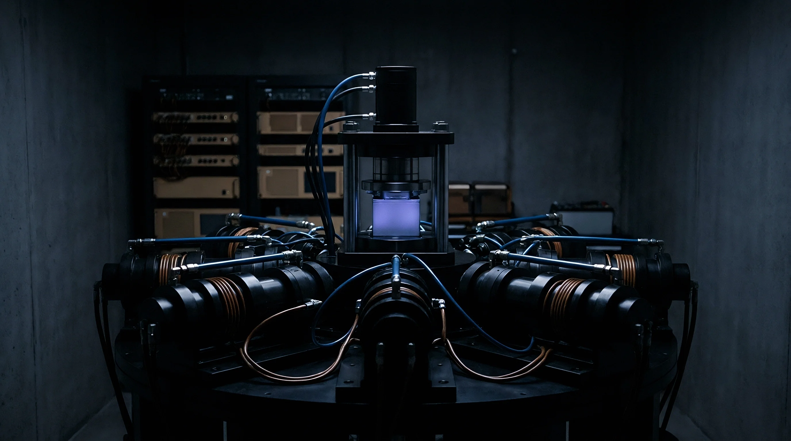 An industrial high pressure synthesis apparatus with electromagnetic coils surrounds a glowing material sample inside a concrete laboratory facility.