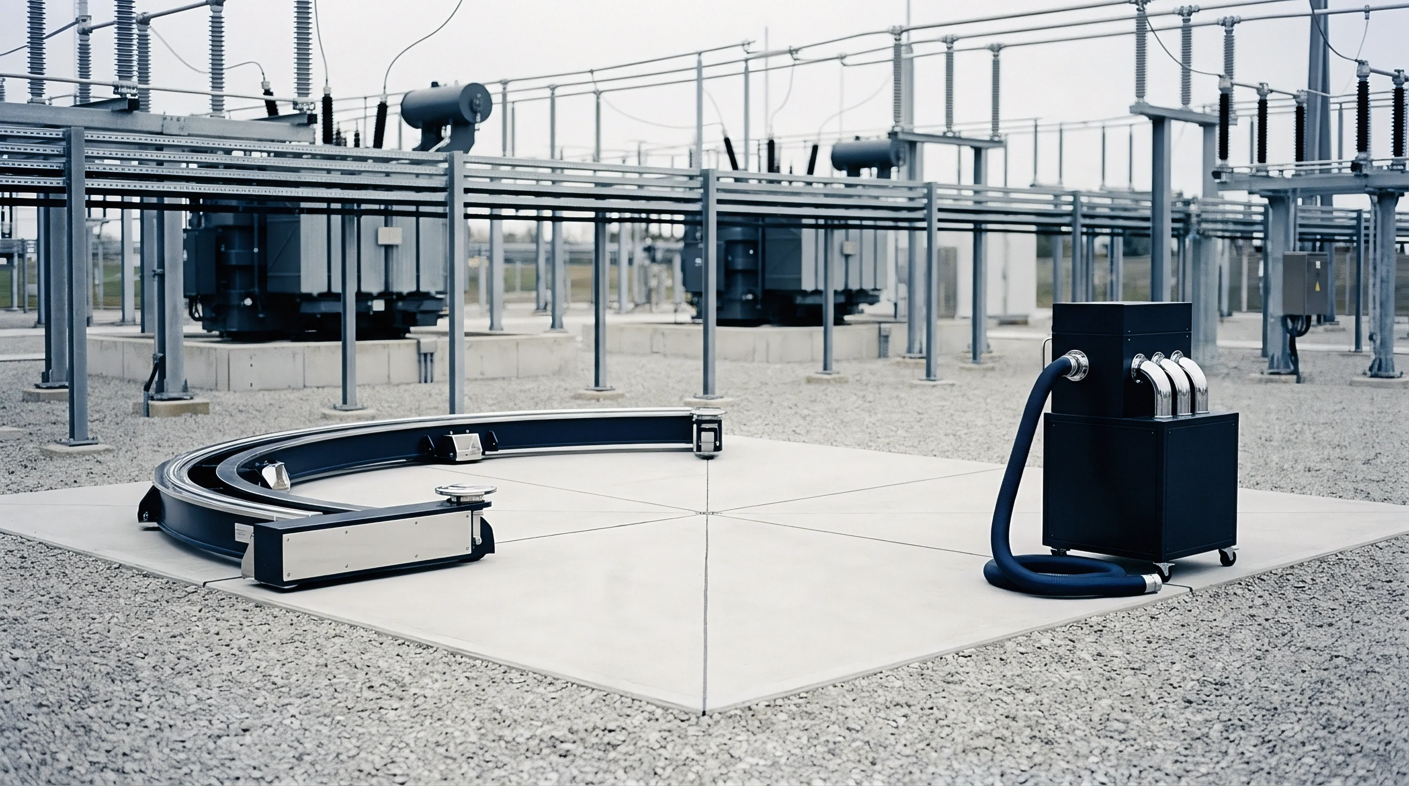 Heavy electrical service machinery and a curved modular track system rest upon a concrete slab within an active high voltage substation.