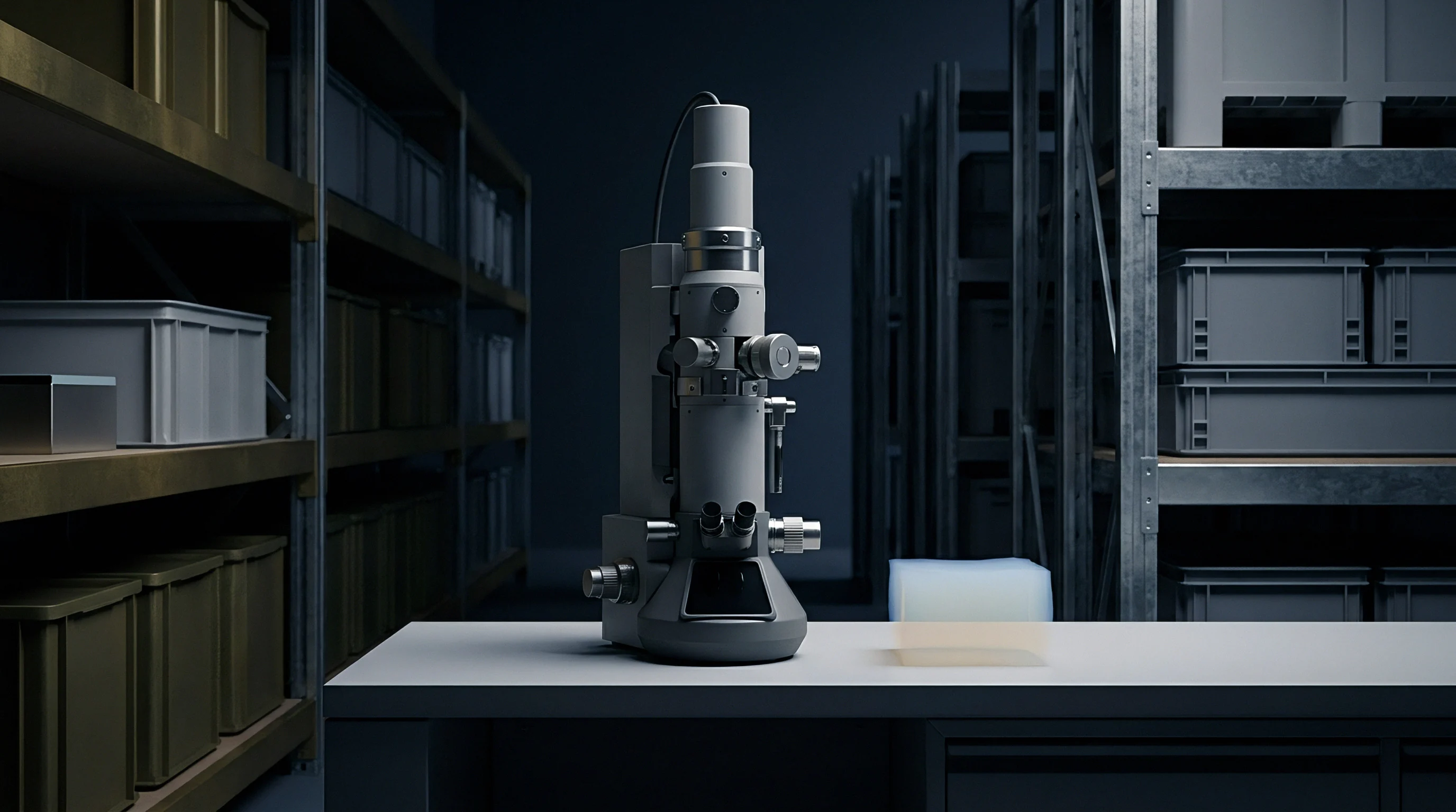 Digital render of an analytical microscope positioned on a workbench inside an industrial battery warehouse featuring metal storage shelving and bins.