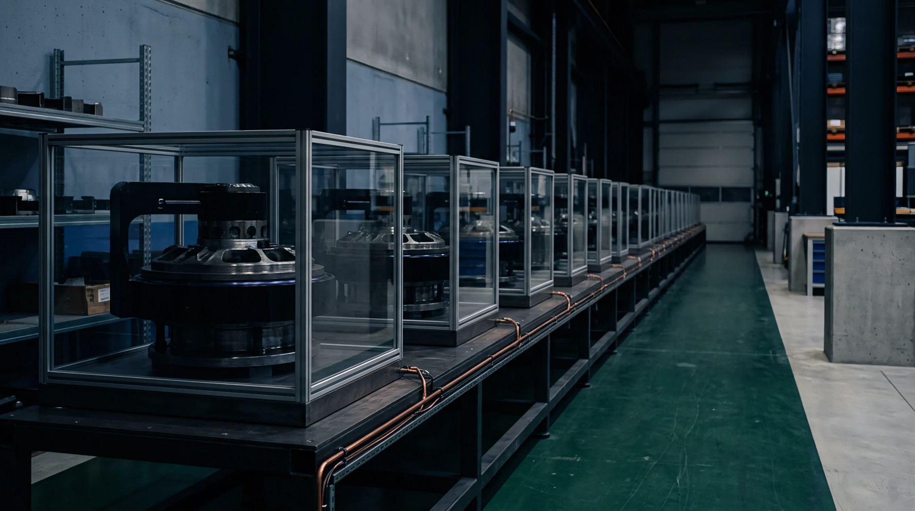 Encased energy storage modules rest on a long metal workbench inside a vast manufacturing facility featuring green industrial flooring.
