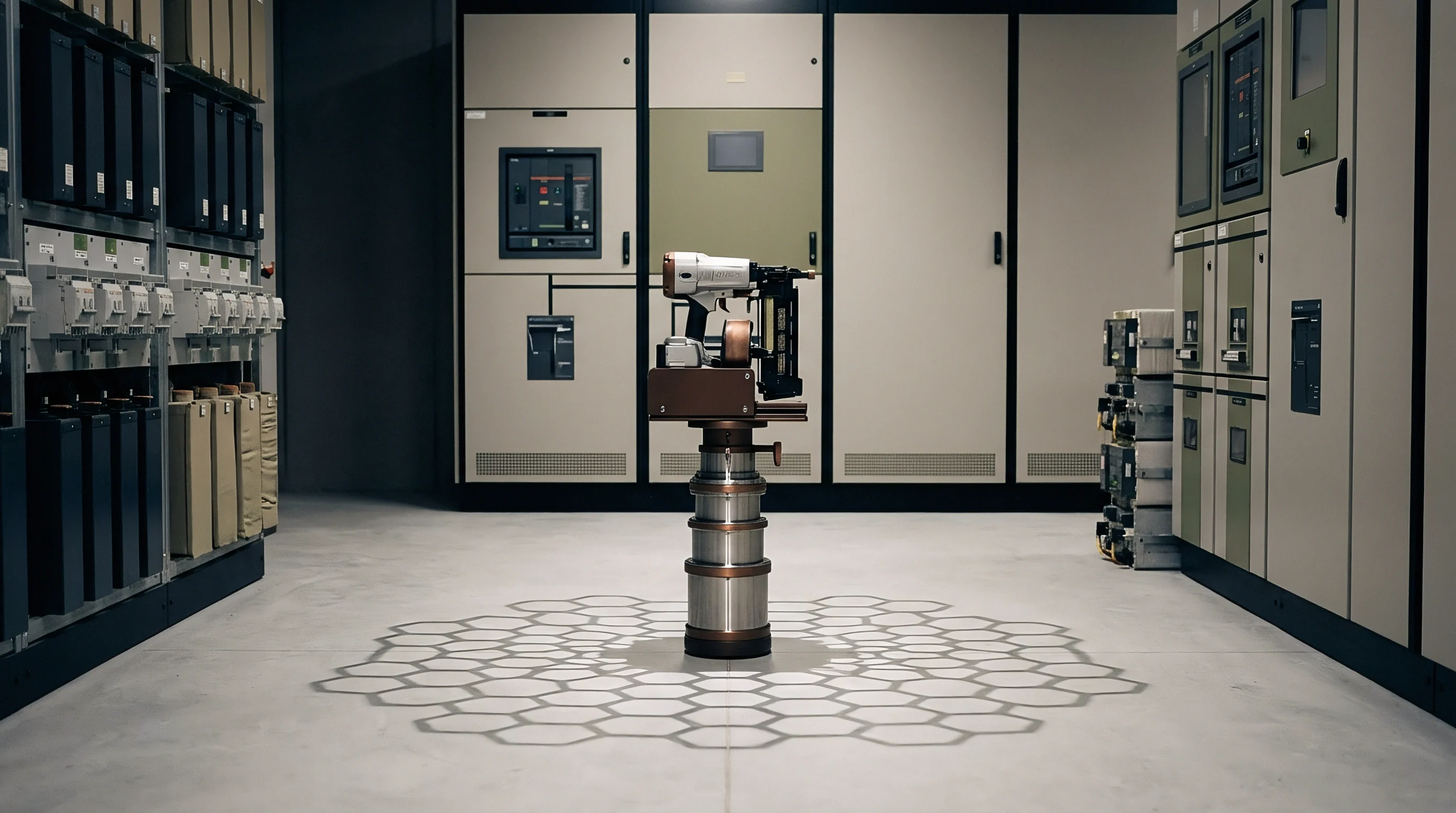 A pneumatic fastening tool stands mounted on a metal pedestal inside an industrial energy infrastructure manufacturing plant housing control cabinets.