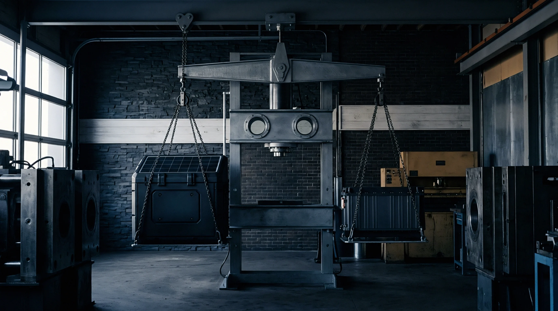 Heavy metal enclosures hang from a massive industrial balance scale inside a dark brick manufacturing facility with machinery lining the concrete floor.