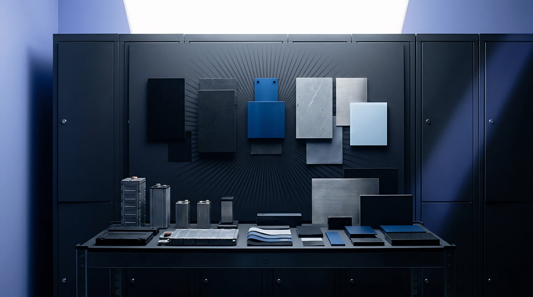 Various metallic battery cells, housings, and material panels are arranged across a dark industrial laboratory workbench and display wall.