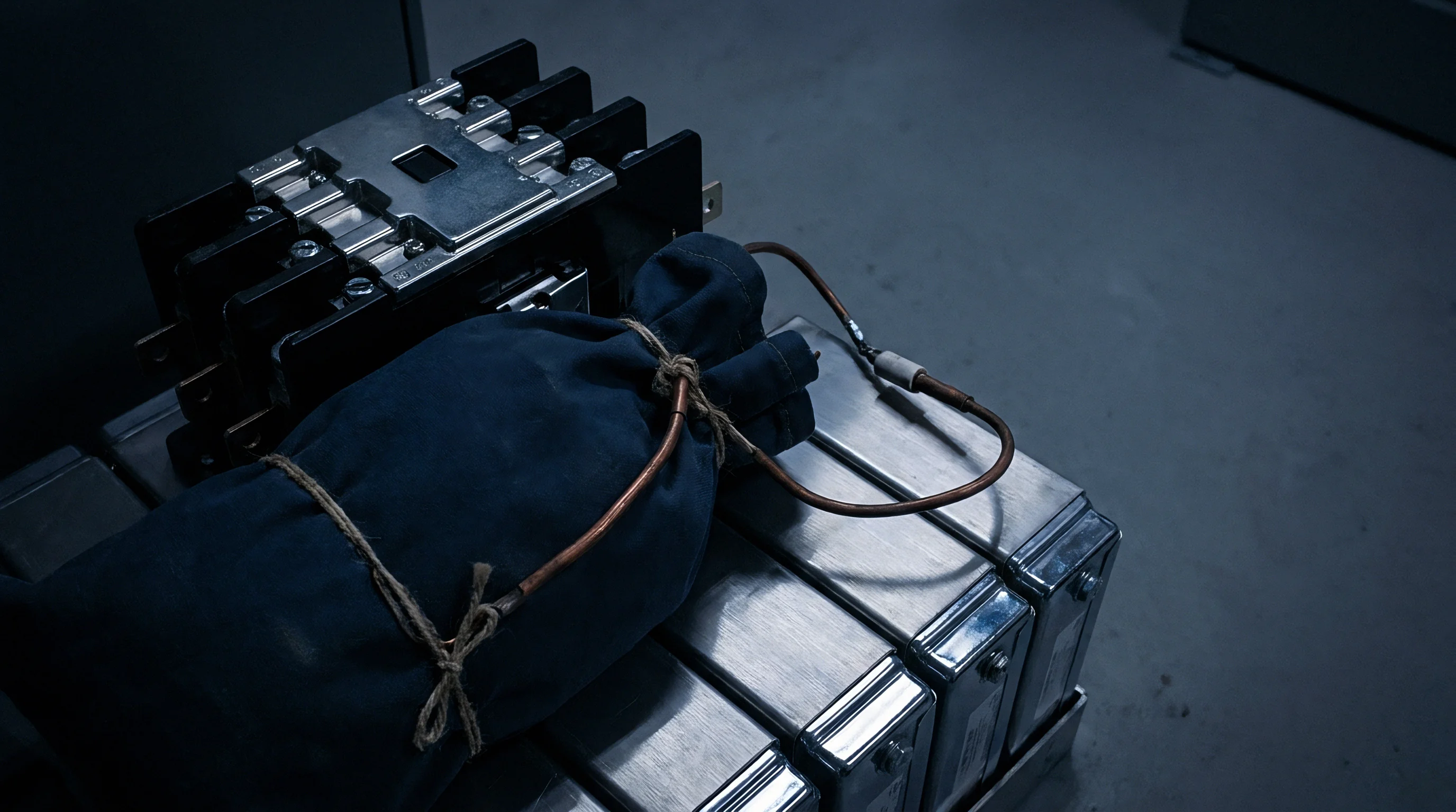 Fabric wrapped prismatic energy cells and heavy electrical contactors rest on metallic surfaces inside a production prototyping laboratory.