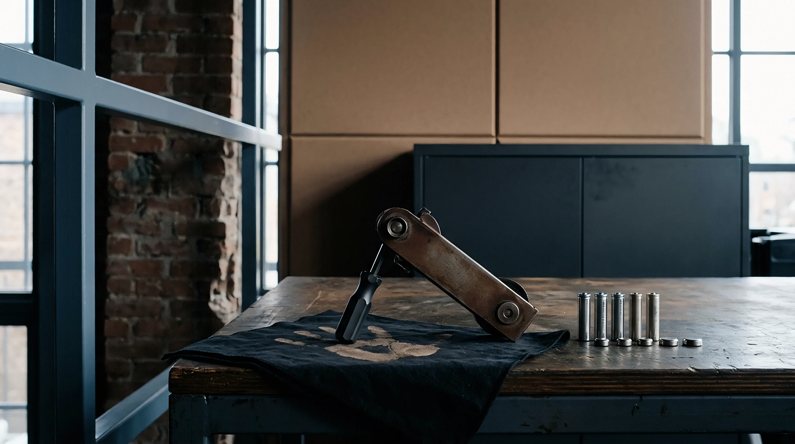 Metal assembly tool rests on a black fabric cloth alongside cylindrical battery cells atop a worn wooden workshop surface.