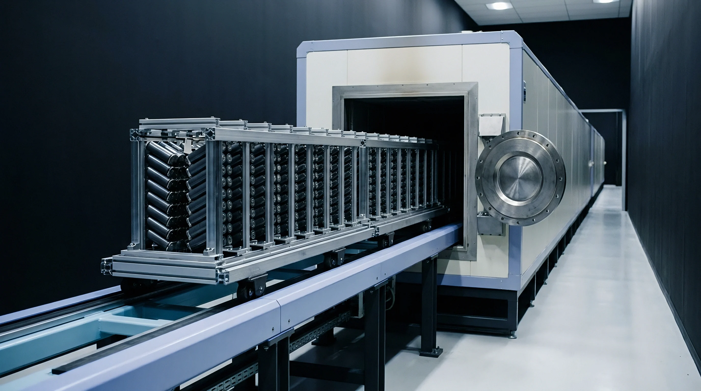 A multi tier metal rack filled with cylindrical lithium ion battery cells moves on a conveyor track into a large industrial vacuum furnace.