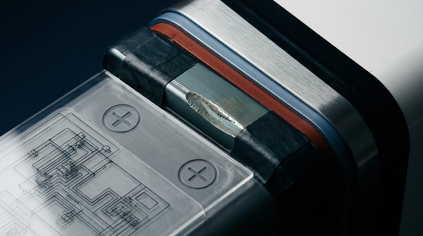 A scratched prismatic battery cell casing lies adjacent to a transparent diagnostic overlay plate showing electrical schematics and positive terminals.