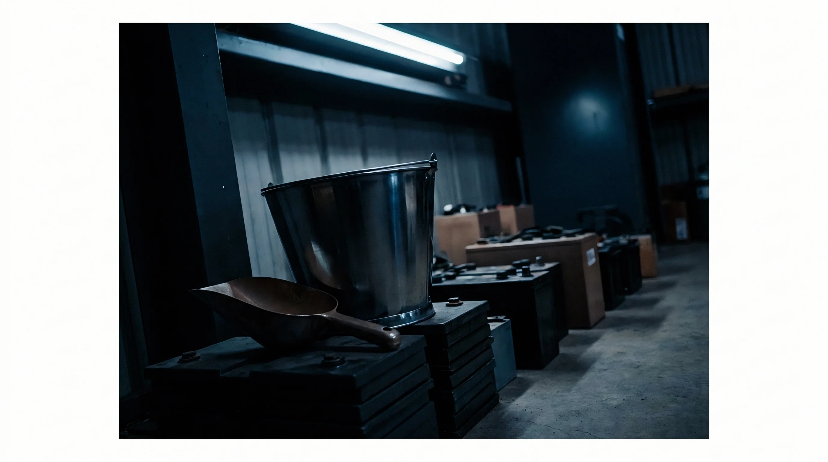 A metal bucket sits beside a copper scoop atop stacks of lead battery plates within a dimly lit industrial manufacturing storage warehouse area.
