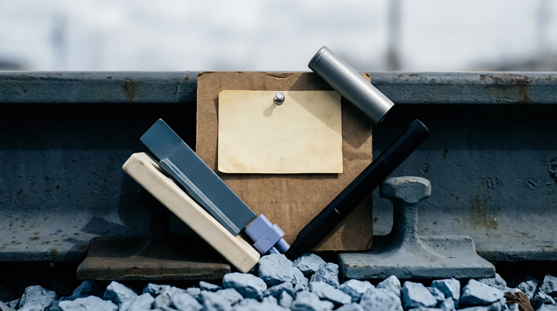 Electronic enclosures and a cylindrical battery cell rest on gravel against steel railway tracks alongside a blank memo card.
