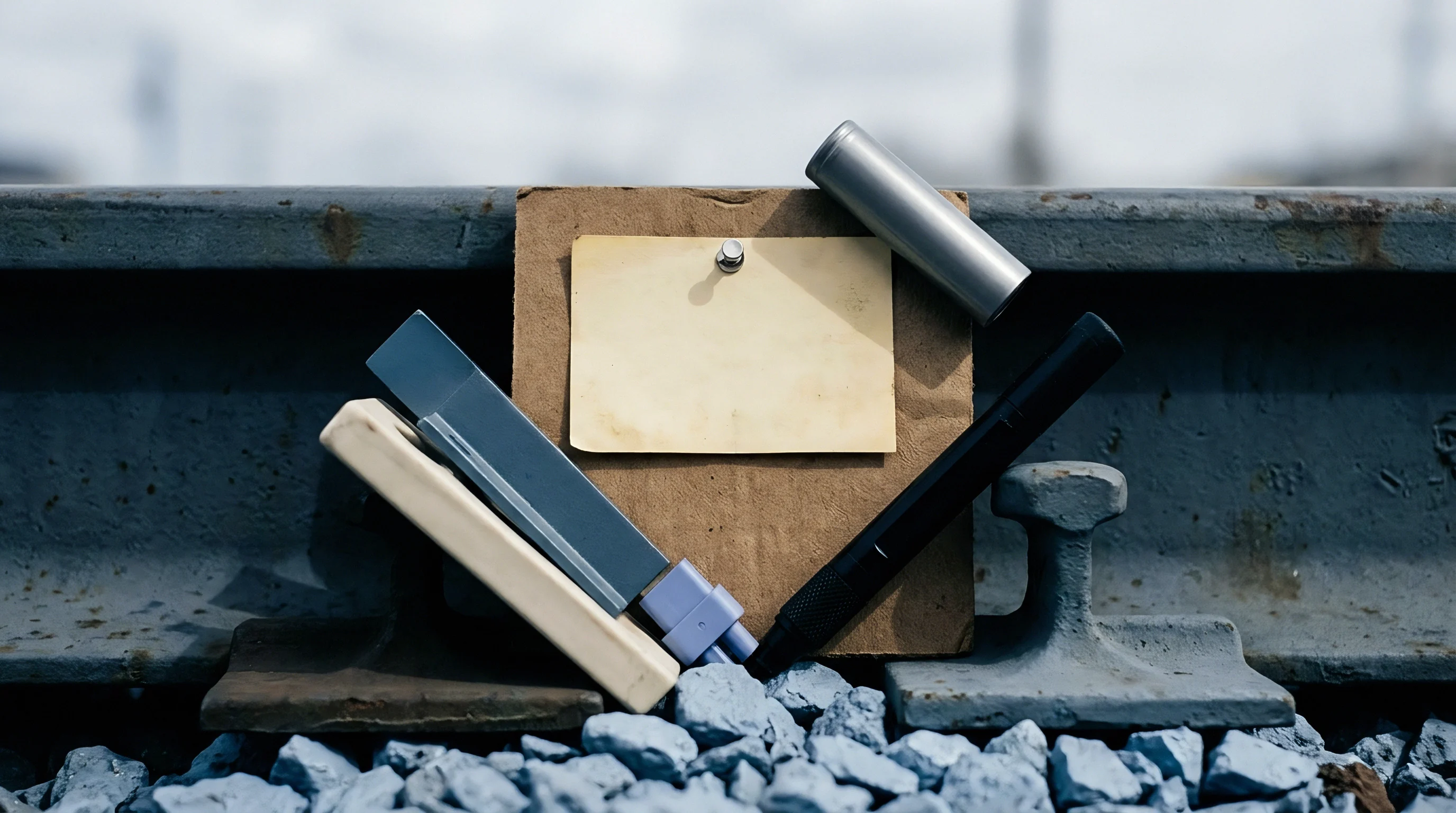 Electronic enclosures and a cylindrical battery cell rest on gravel against steel railway tracks alongside a blank memo card.
