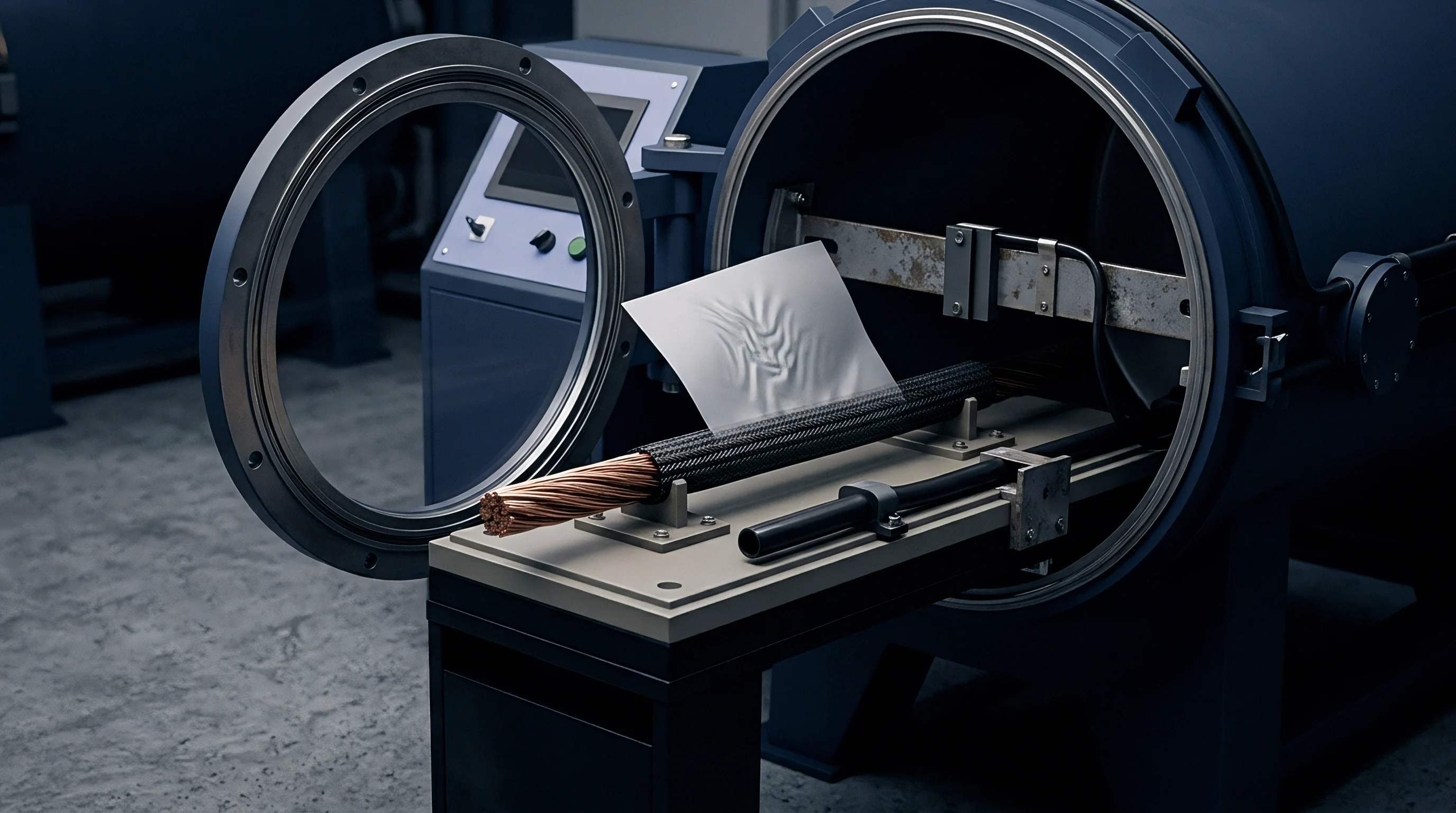 A digital render displays an open industrial vacuum chamber containing bare copper cables and a formed sheet on a sliding platform inside a facility.