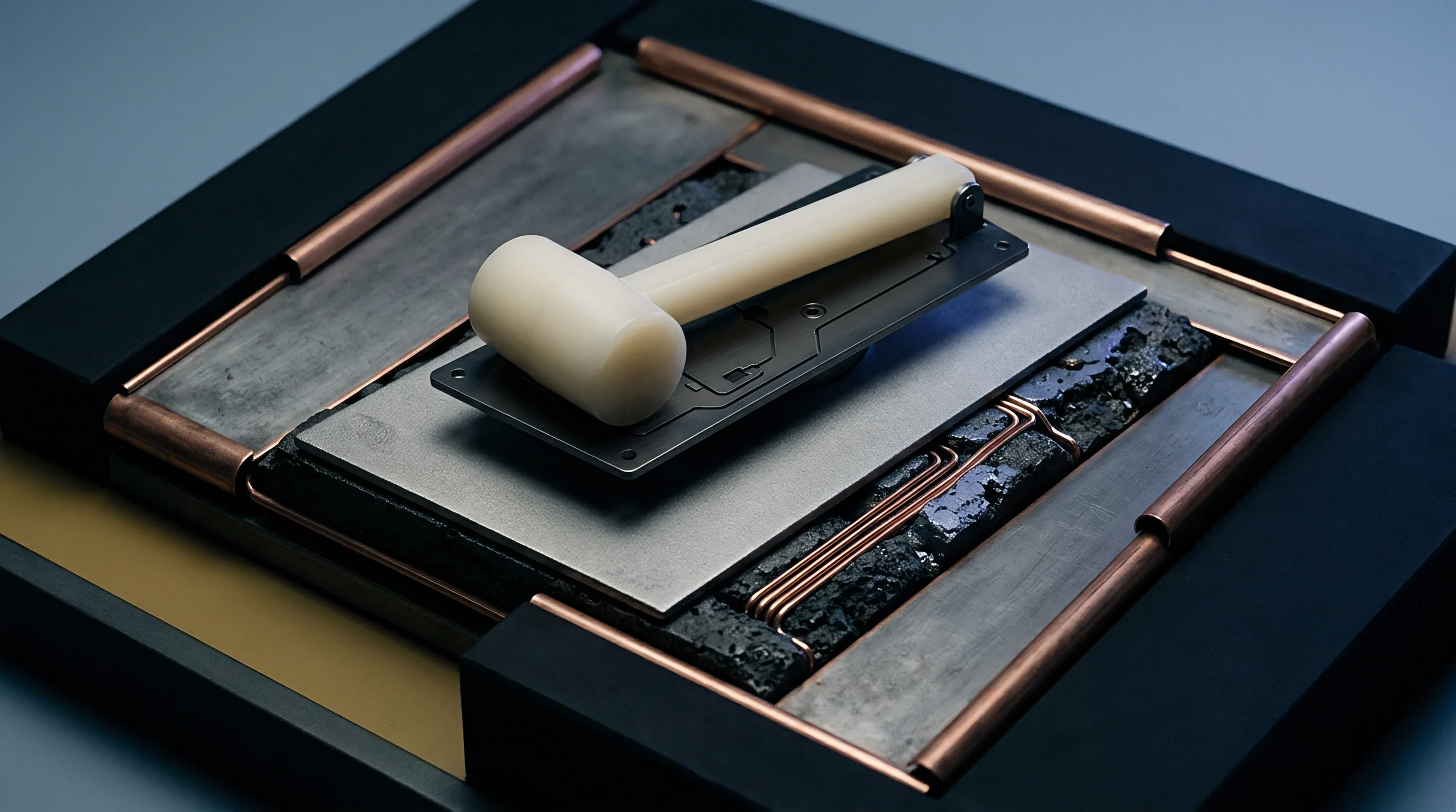 A polymer mallet rests atop a circuit board module nested within a rigid frame constructed from hollow copper tubing segments in this digital render.