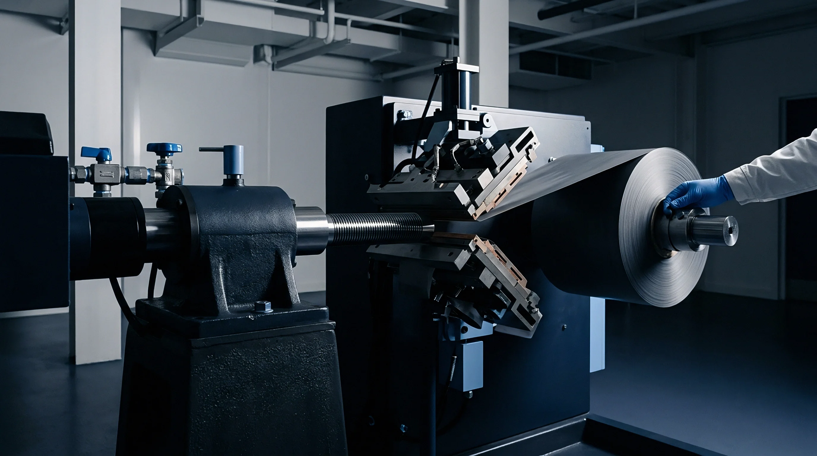 Heavy industrial machinery feeds metallic foil from a large cylindrical roll inside a clean manufacturing facility for energy storage components.