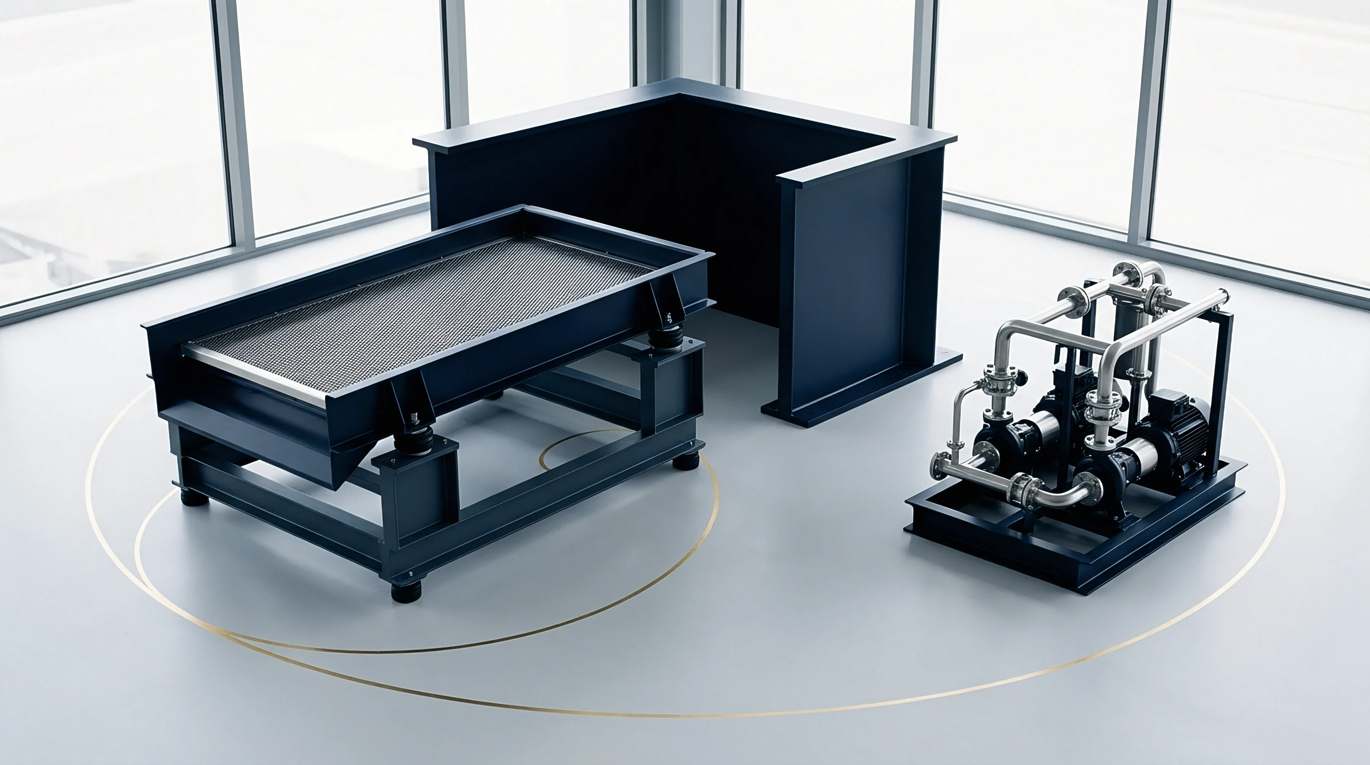 This 3D render displays a vibrating sieve mechanism alongside an industrial pump system placed within a sterile minimalist factory environment.