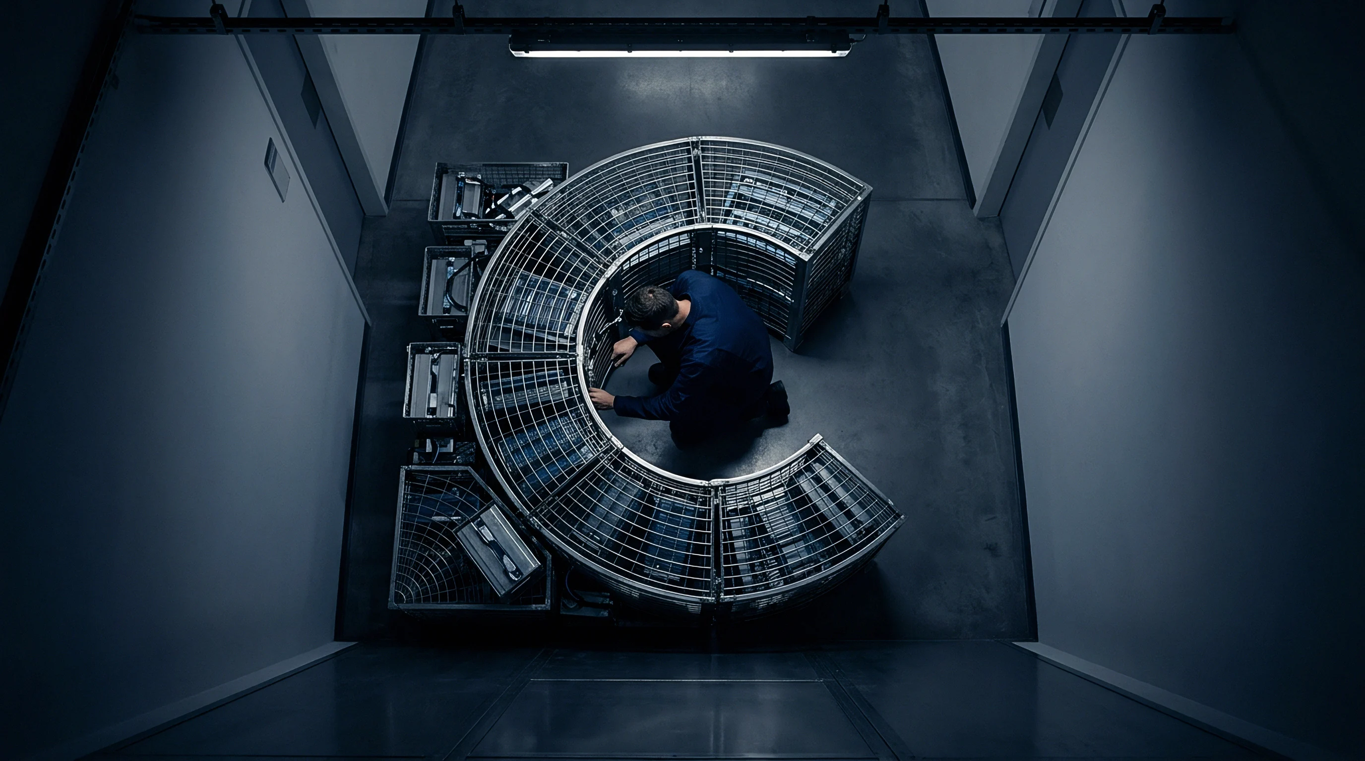 A technician assembles industrial battery modules inside a caged testing chamber within a secure manufacturing facility.