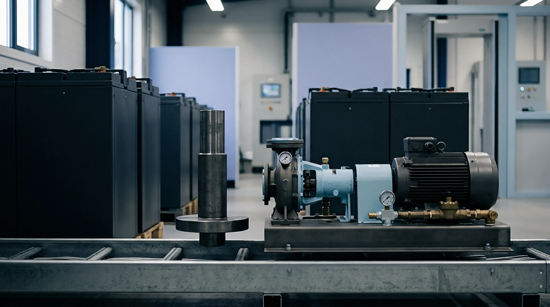 Heavy industrial battery production floor features a steel conveyor holding a mounted blue fluid pump and a large cylindrical metal component.
