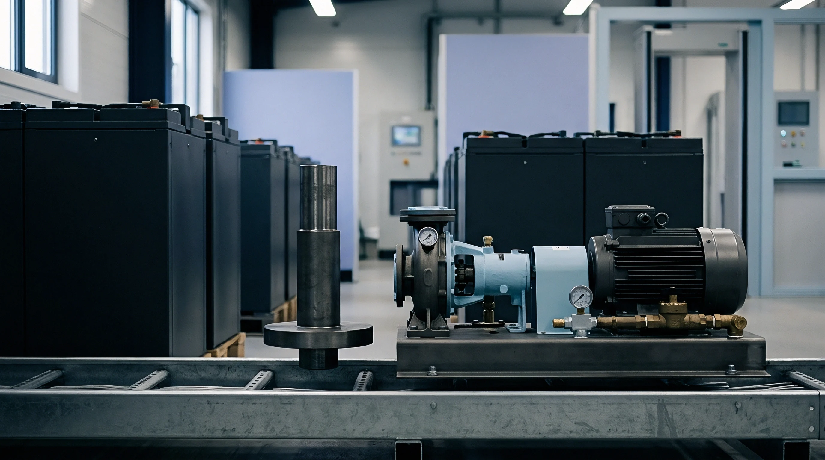 Heavy industrial battery production floor features a steel conveyor holding a mounted blue fluid pump and a large cylindrical metal component.
