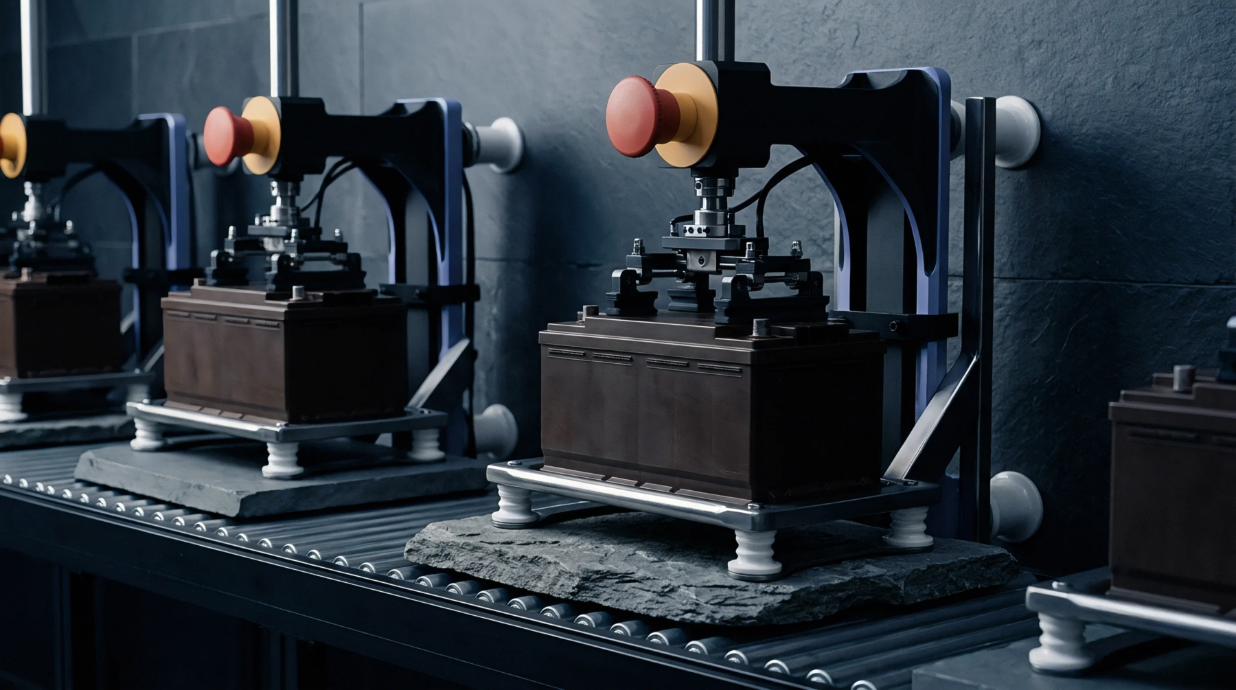 A digital render shows rectangular battery casings aligned on a roller conveyor line beneath automated press mechanisms on stone bases.