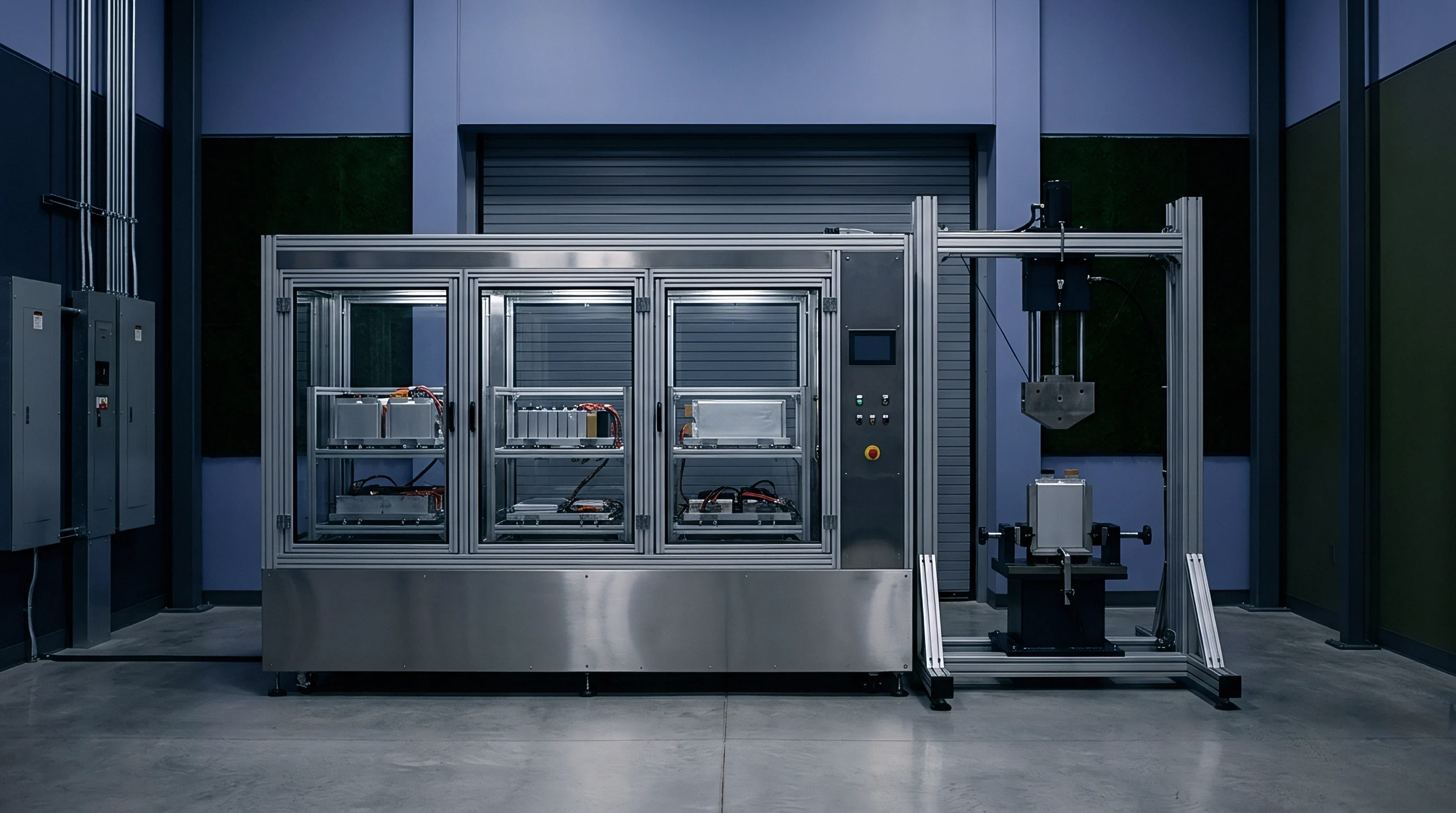 Stainless steel containment enclosures house modular battery modules beside a mechanical impact testing machine inside a manufacturing facility floor.