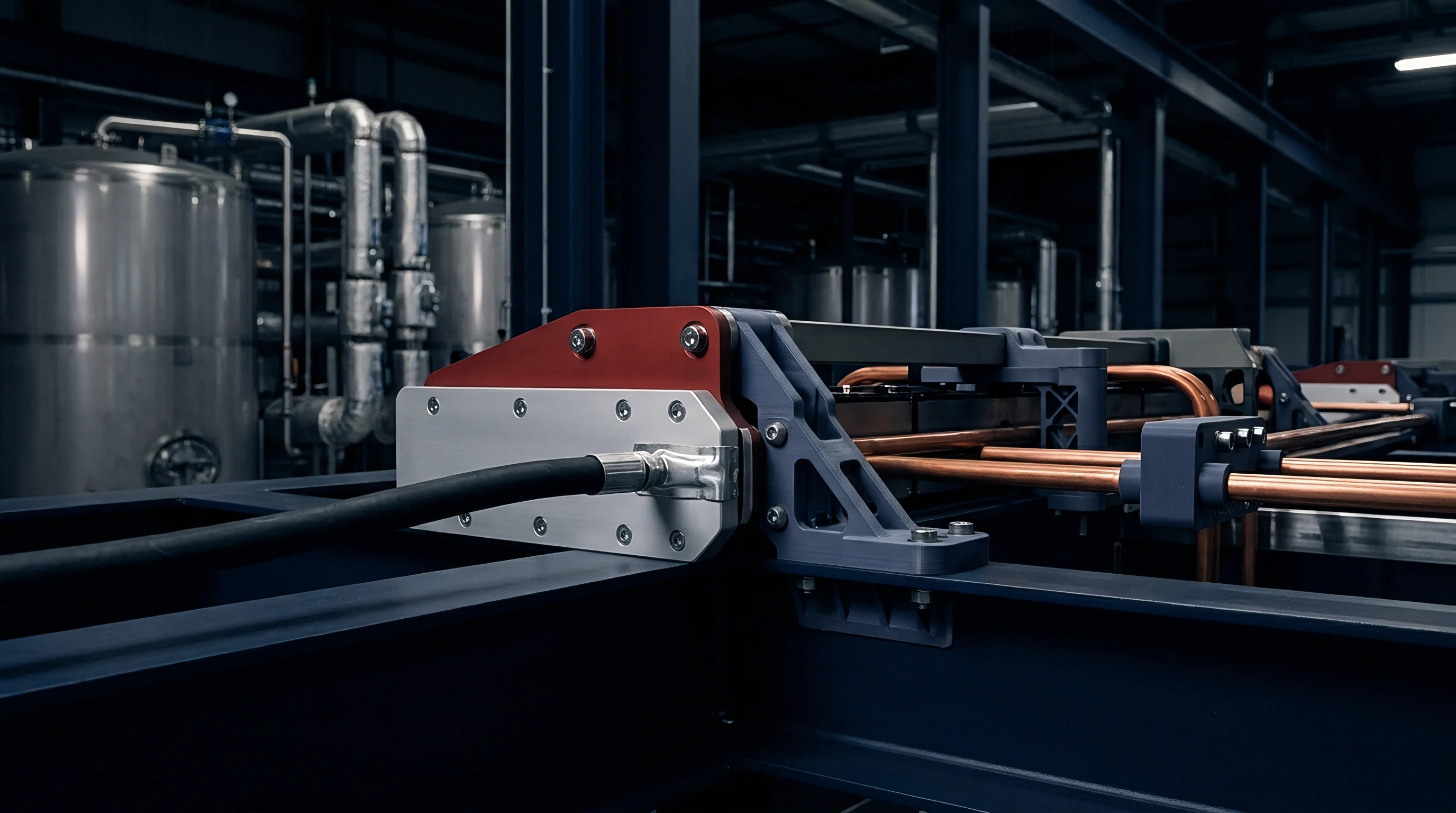 A heavy copper busbar and thick electrical cable connect within a modular assembly inside a heavy industrial manufacturing facility.