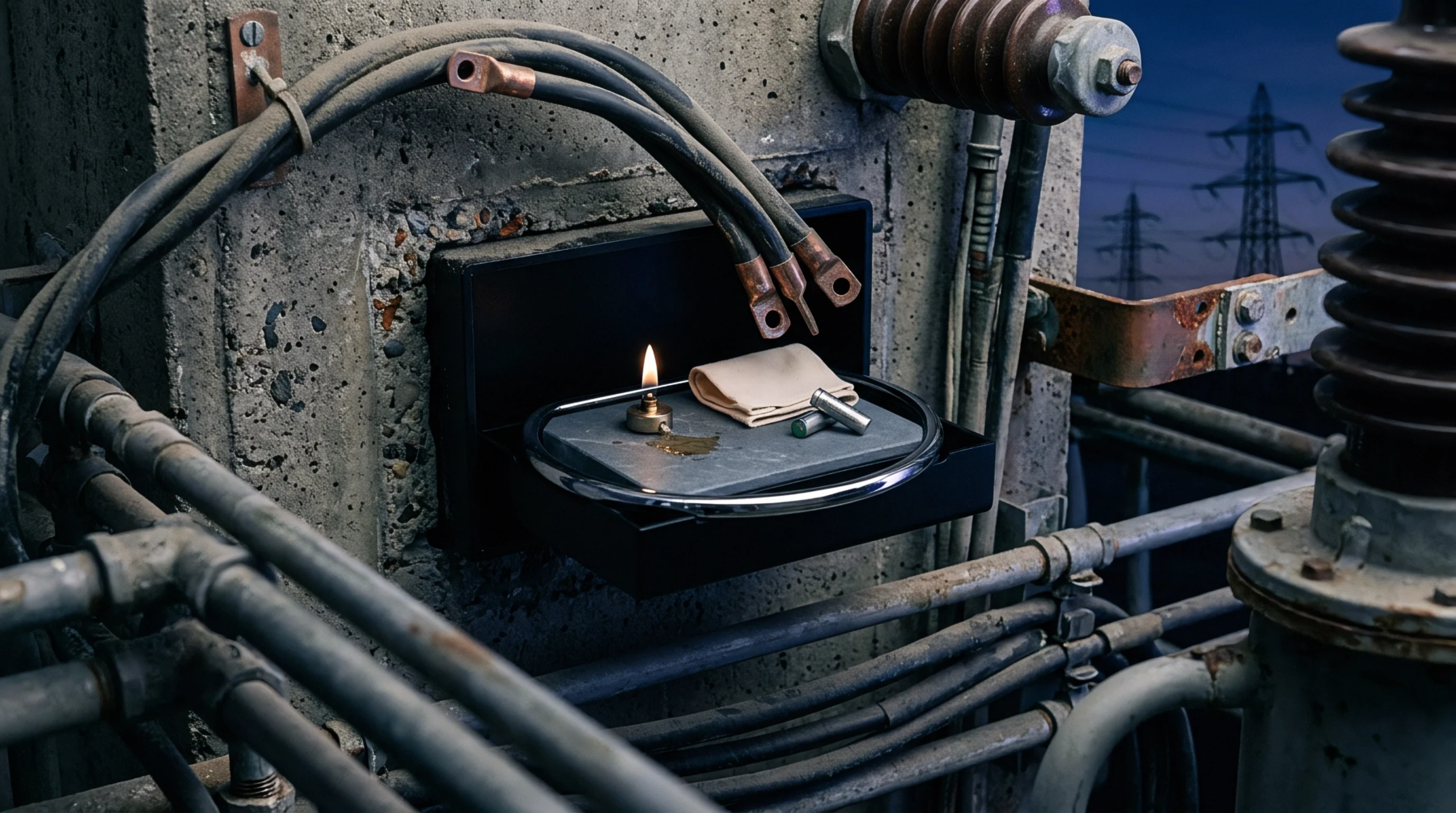 An oil lamp and metal battery precursors rest upon a shelf mounted to a concrete electrical substation structure amid high voltage conduits.