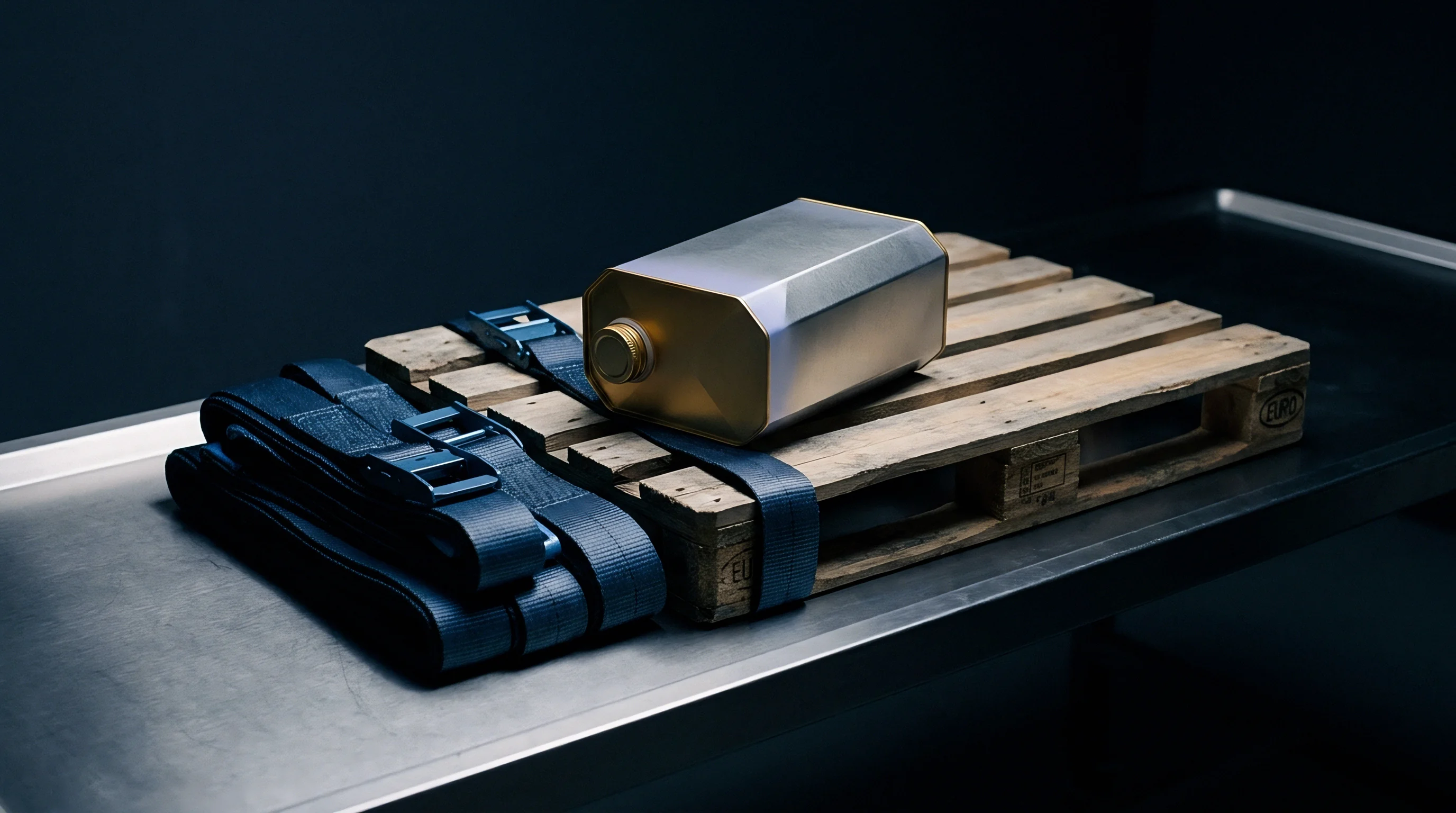 A metallic chemical container rests on a wooden industrial pallet secured by blue cargo straps upon a steel laboratory table.