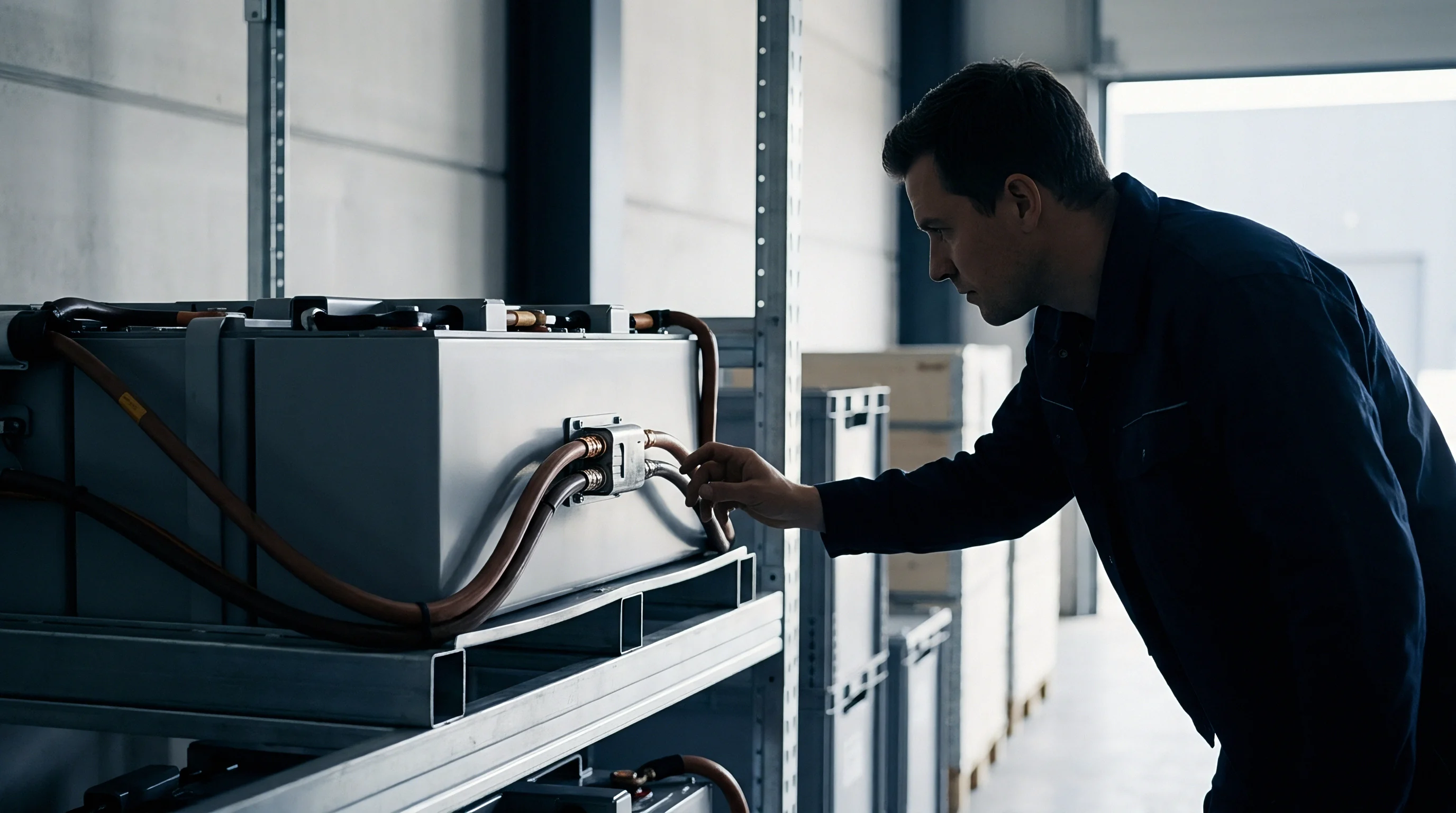 A technician inspects a heavy industrial energy storage battery module positioned on a metal rack inside a production warehouse.