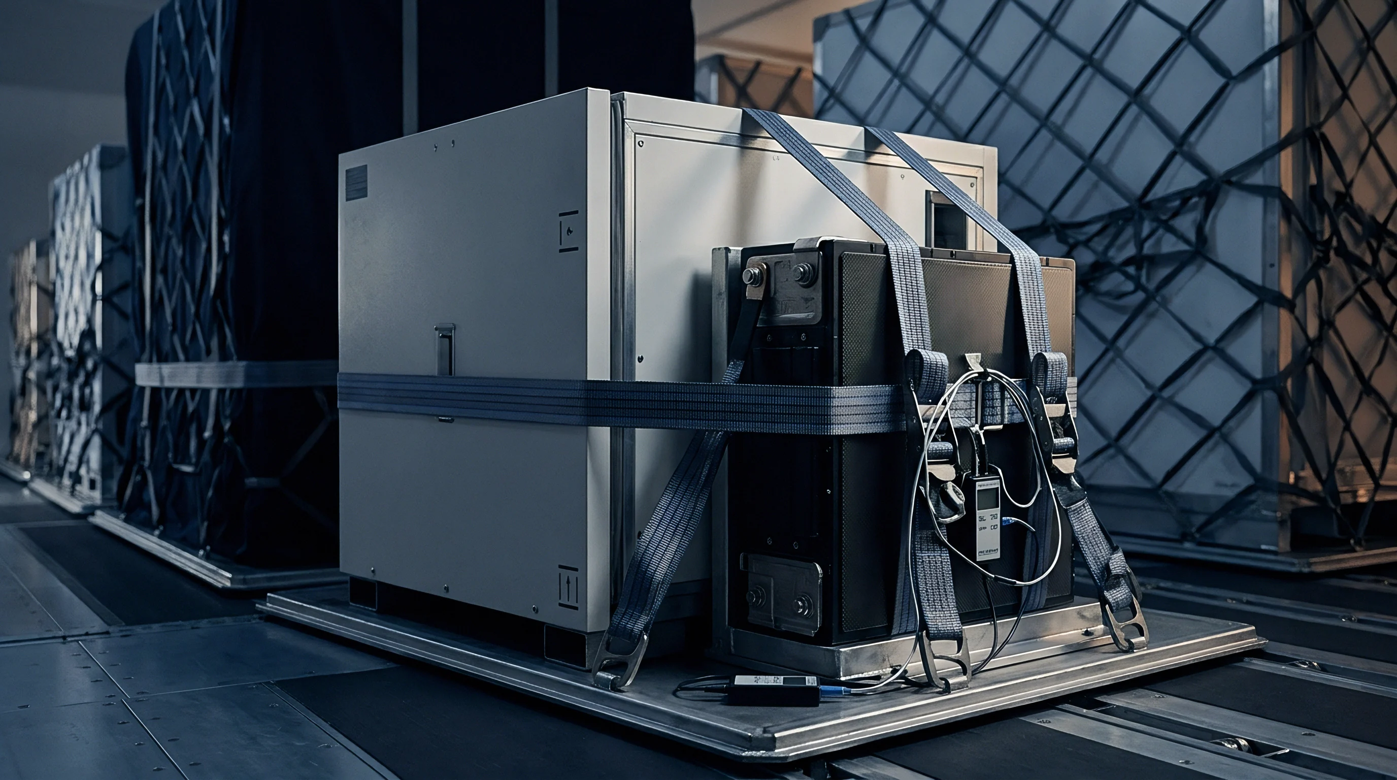 A heavy lithium battery module and metal enclosure are secured with straps on a cargo pallet inside an aircraft freight hold.
