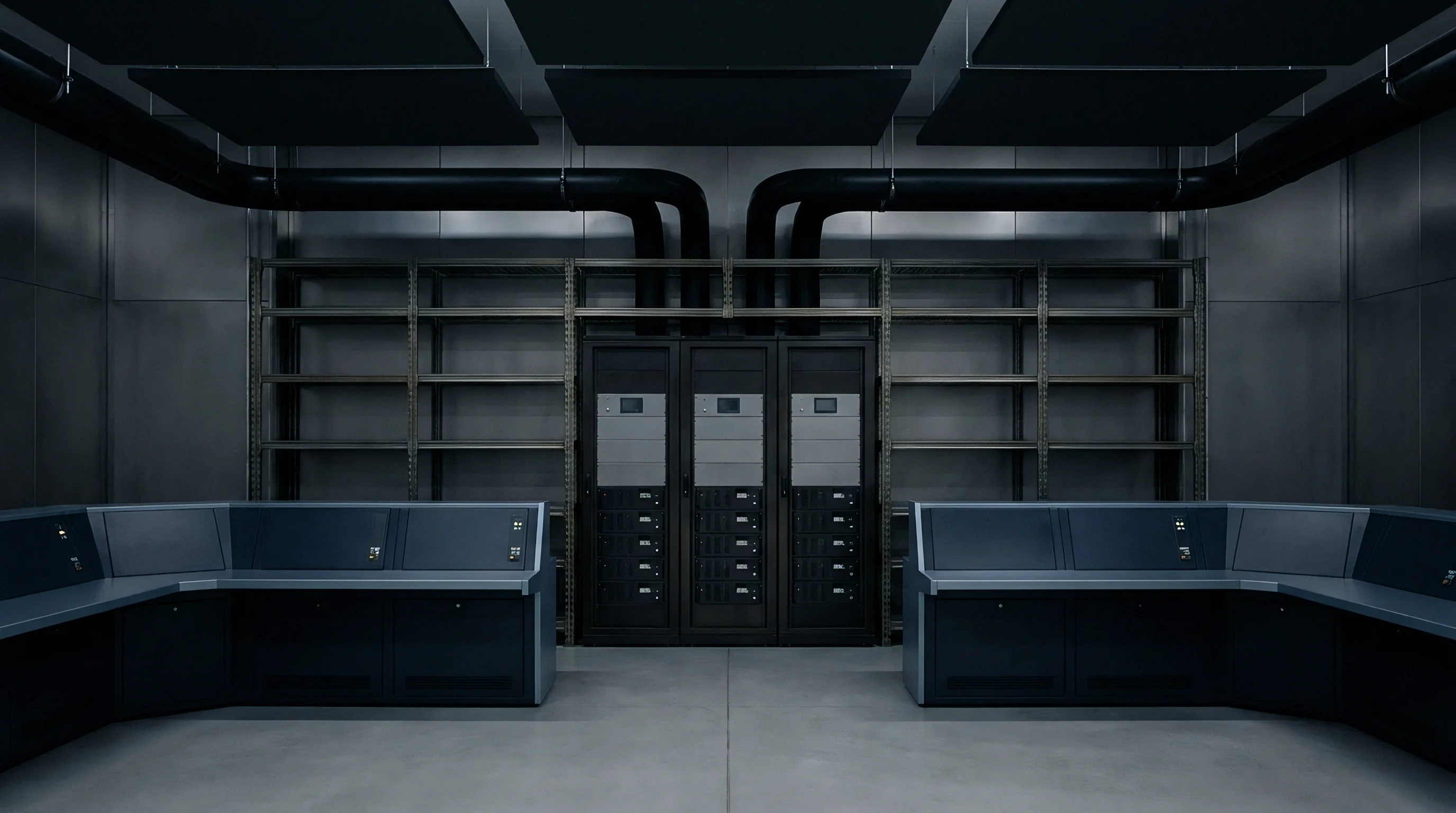 A digital render shows steel server racks and dual monitoring consoles positioned inside an industrial energy control room with overhead ventilation ducts.