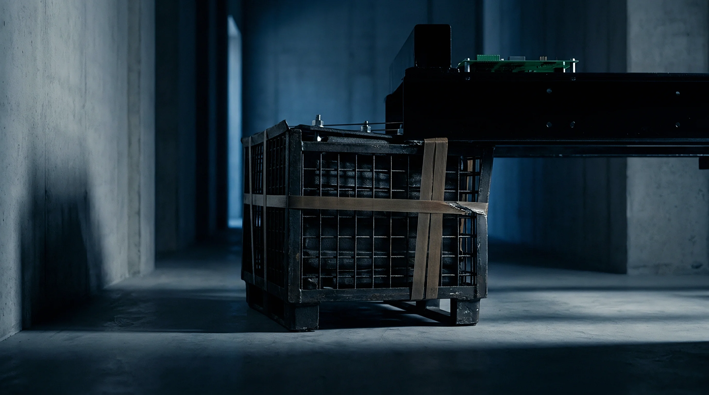 Heavy steel wire mesh container holding stacked energy storage modules rests on a concrete floor beneath an industrial assembly fixture within a production facility.
