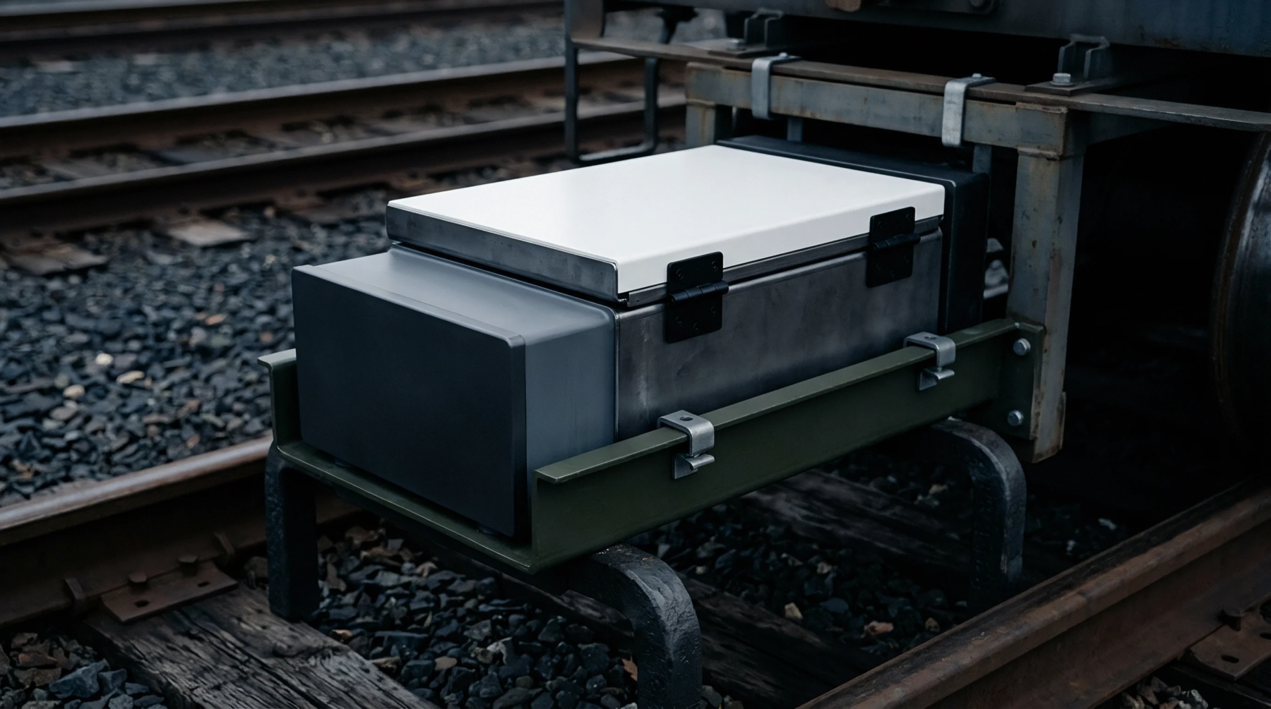 A digital rendering shows a metallic industrial power storage module secured within a steel frame between railway tracks on a gravel bed.