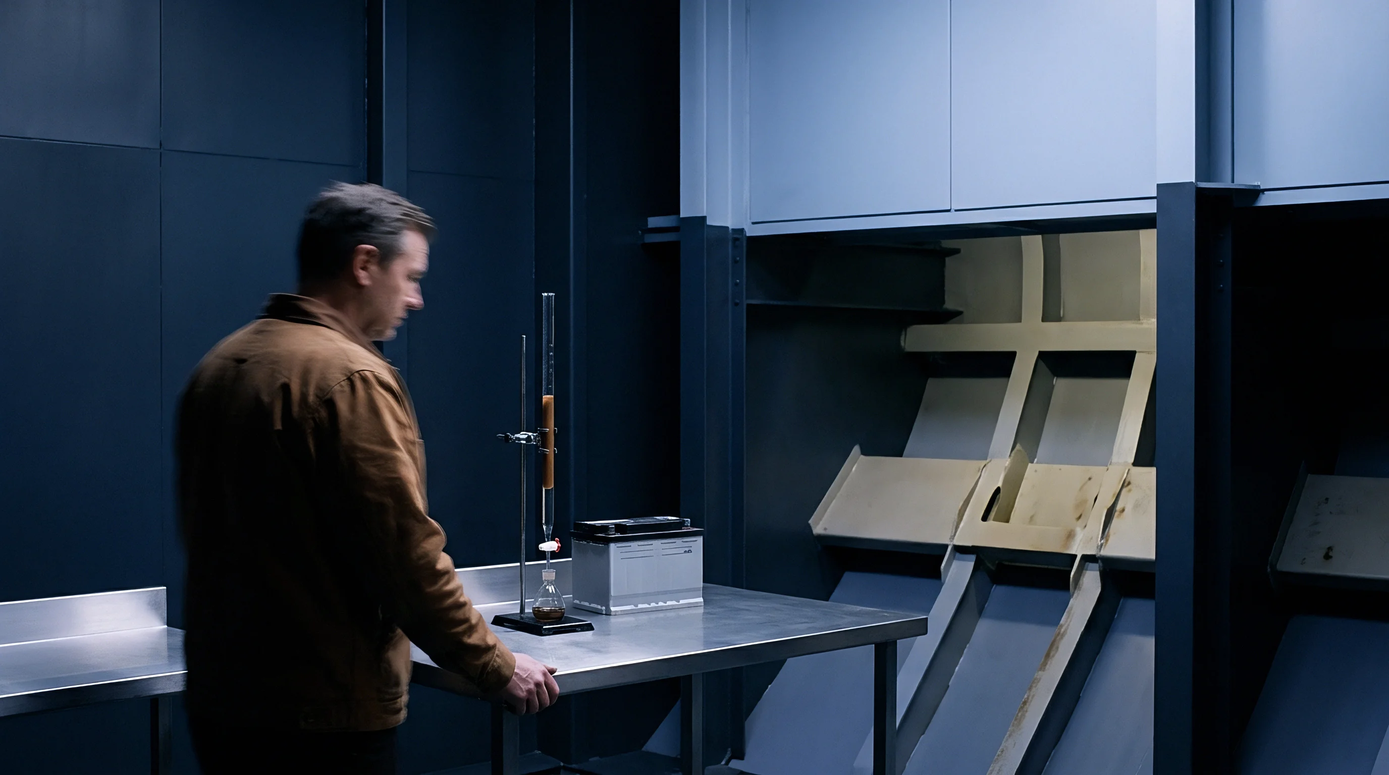 A researcher stands beside a stainless steel workbench supporting a glass extraction column and a lead acid battery in a testing facility.