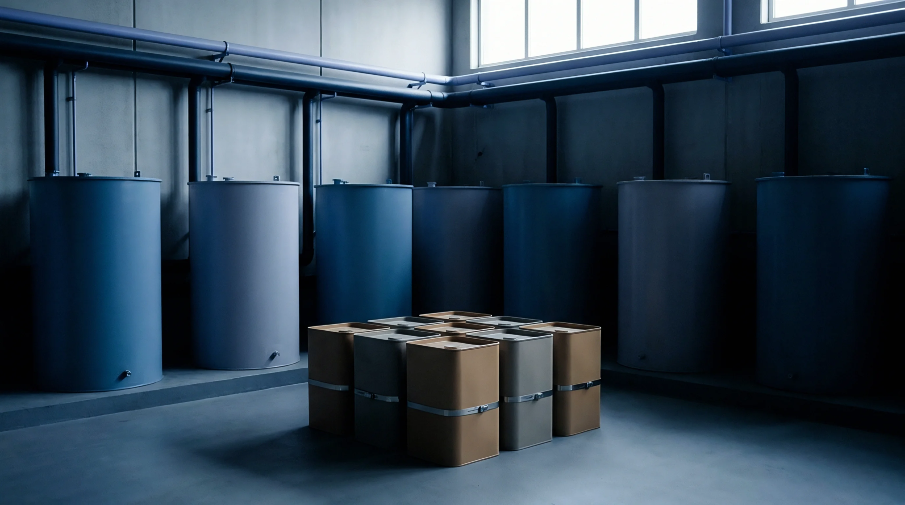 A digital render shows large industrial storage vessels and container drums staged on a concrete floor inside a battery manufacturing facility.