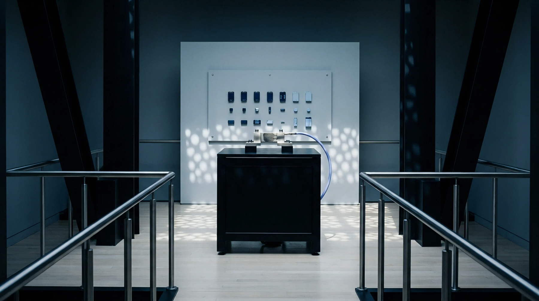 A mechanical test rig centers a component fixture before a wall mounted array of electronic battery management modules within a controlled laboratory environment.