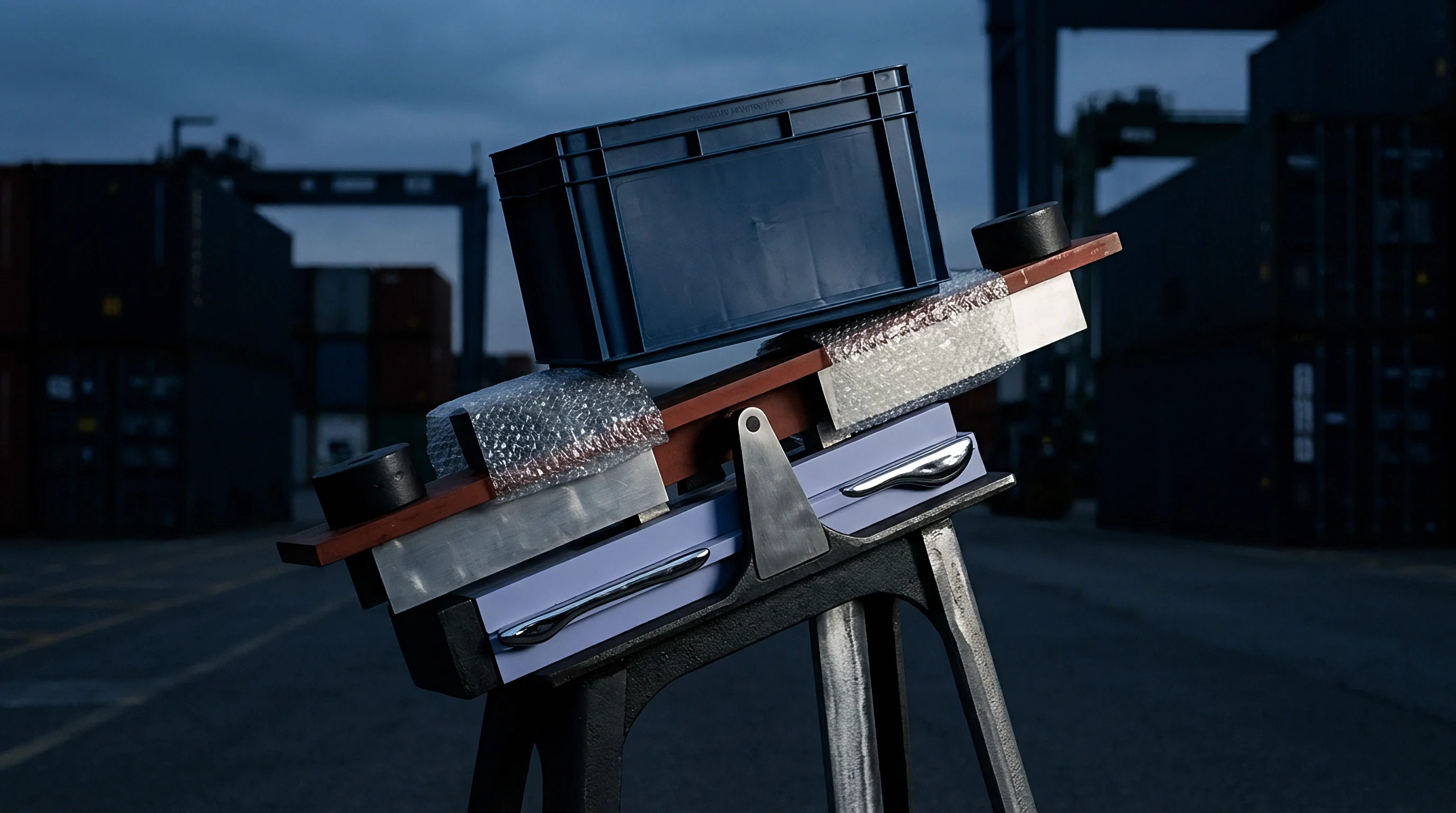 A rigid plastic container sits atop a metallic testing rig positioned within a shipping terminal during low ambient light conditions.