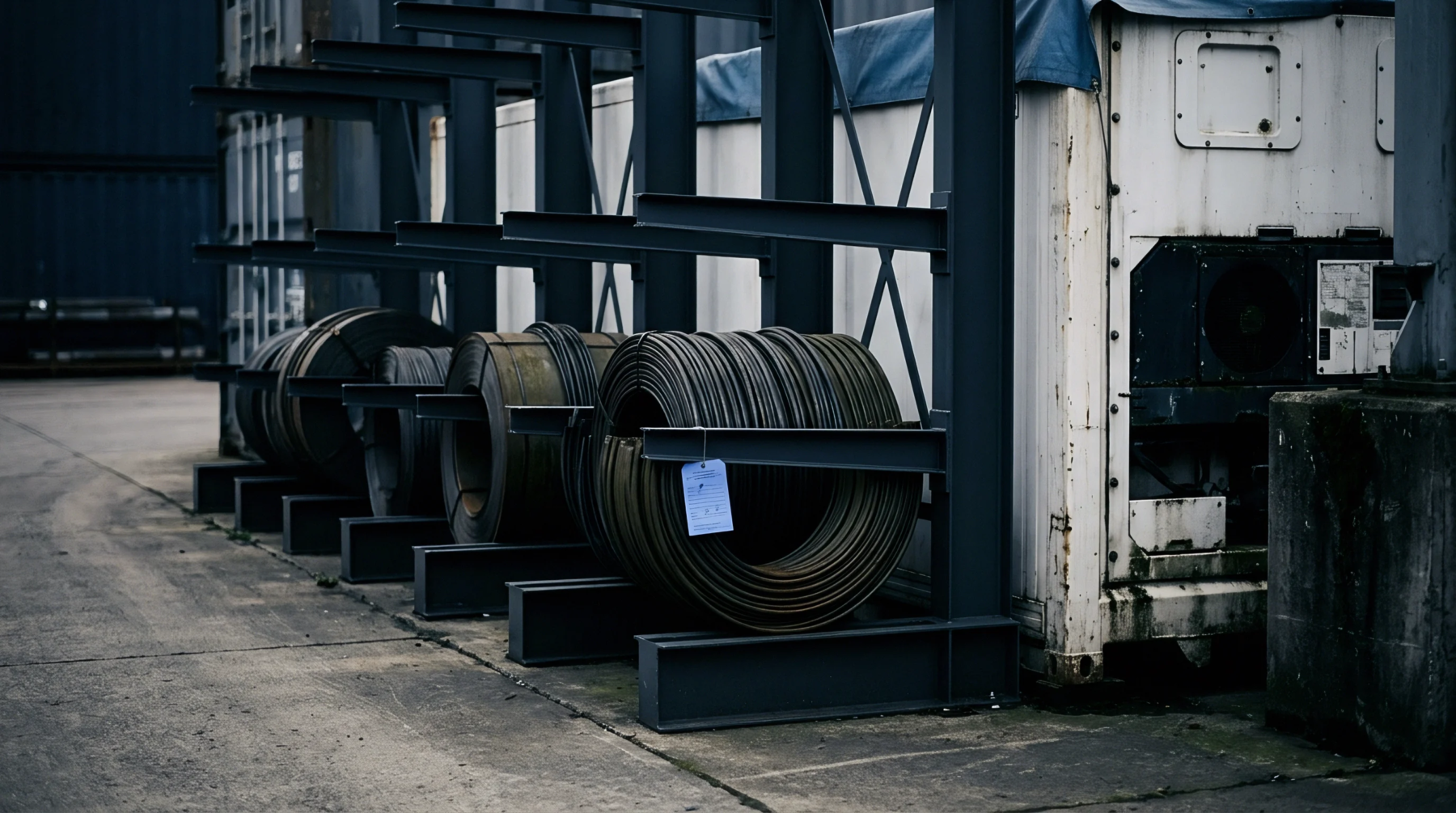 Heavy gauge metal stock rolls sit on specialized cantilever racking near a white refrigerated shipping container in an outdoor industrial storage facility.