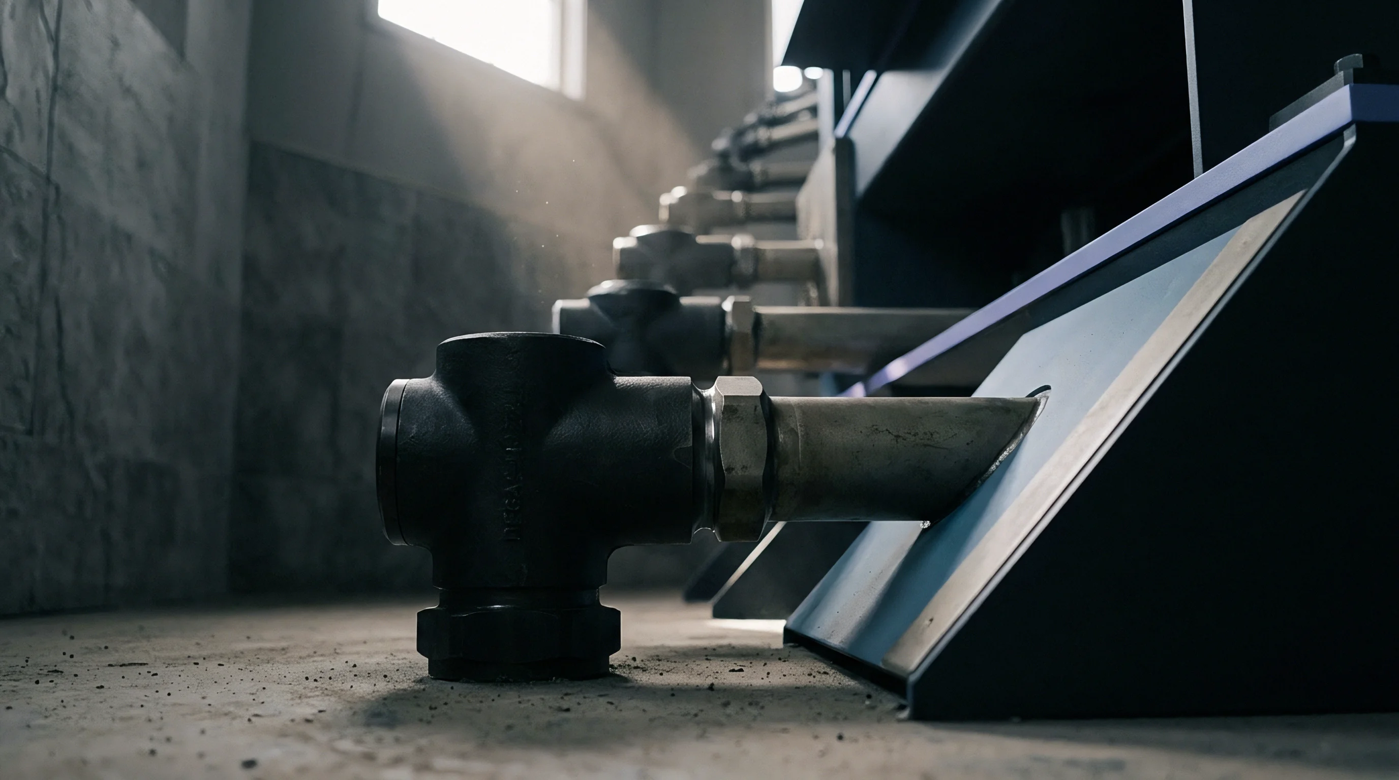 Cast iron industrial valves and steel pipes connect heavy machinery inside a concrete production facility floor.
