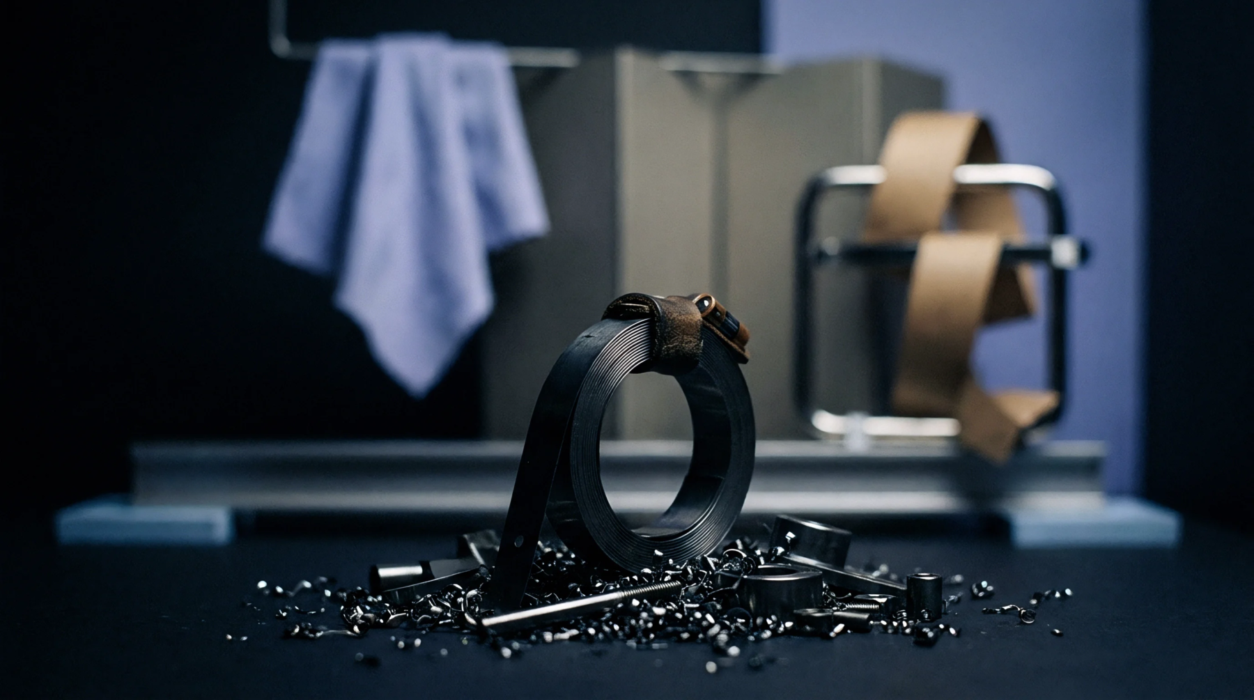 A dark coiled metallic strip, secured by a leather strap, rests on scattered metal shavings in an industrial workshop setting.