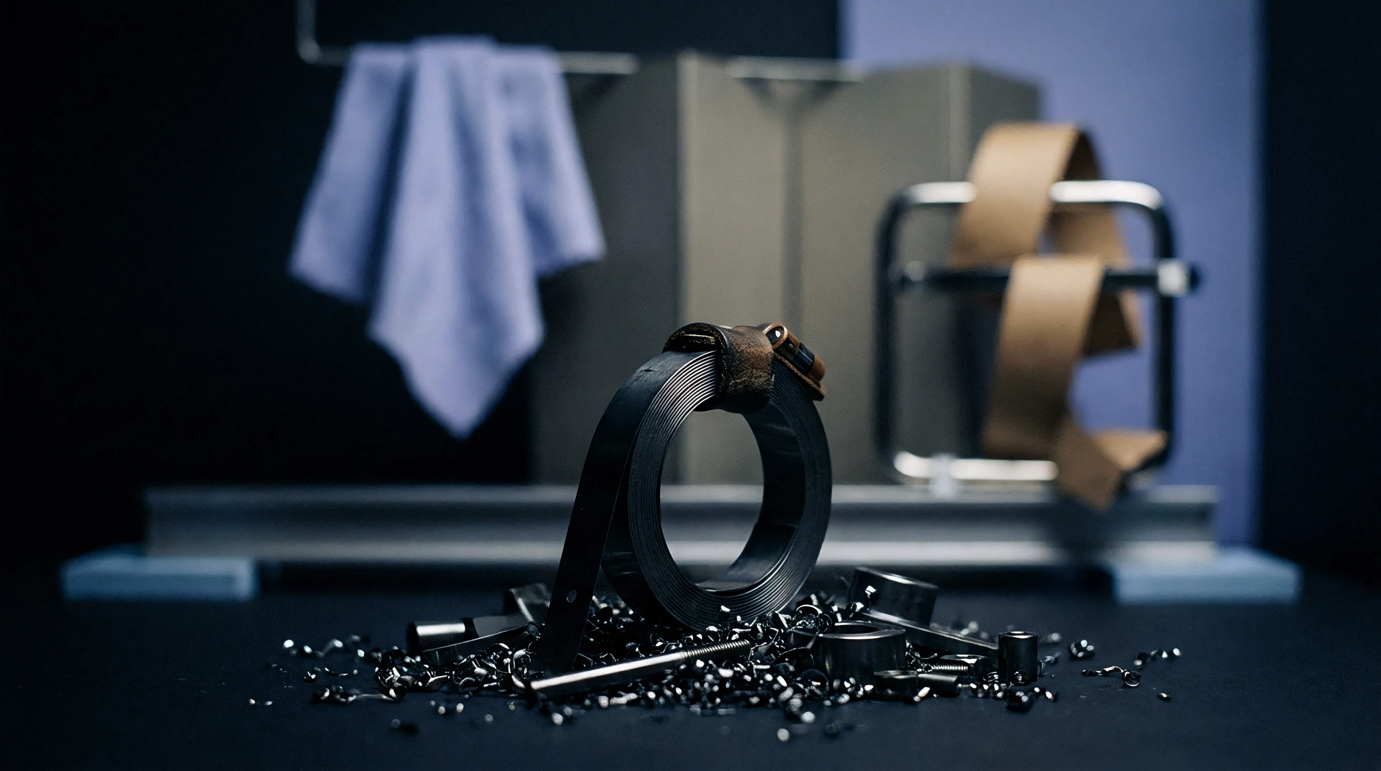 A dark coiled metallic strip, secured by a leather strap, rests on scattered metal shavings in an industrial workshop setting.