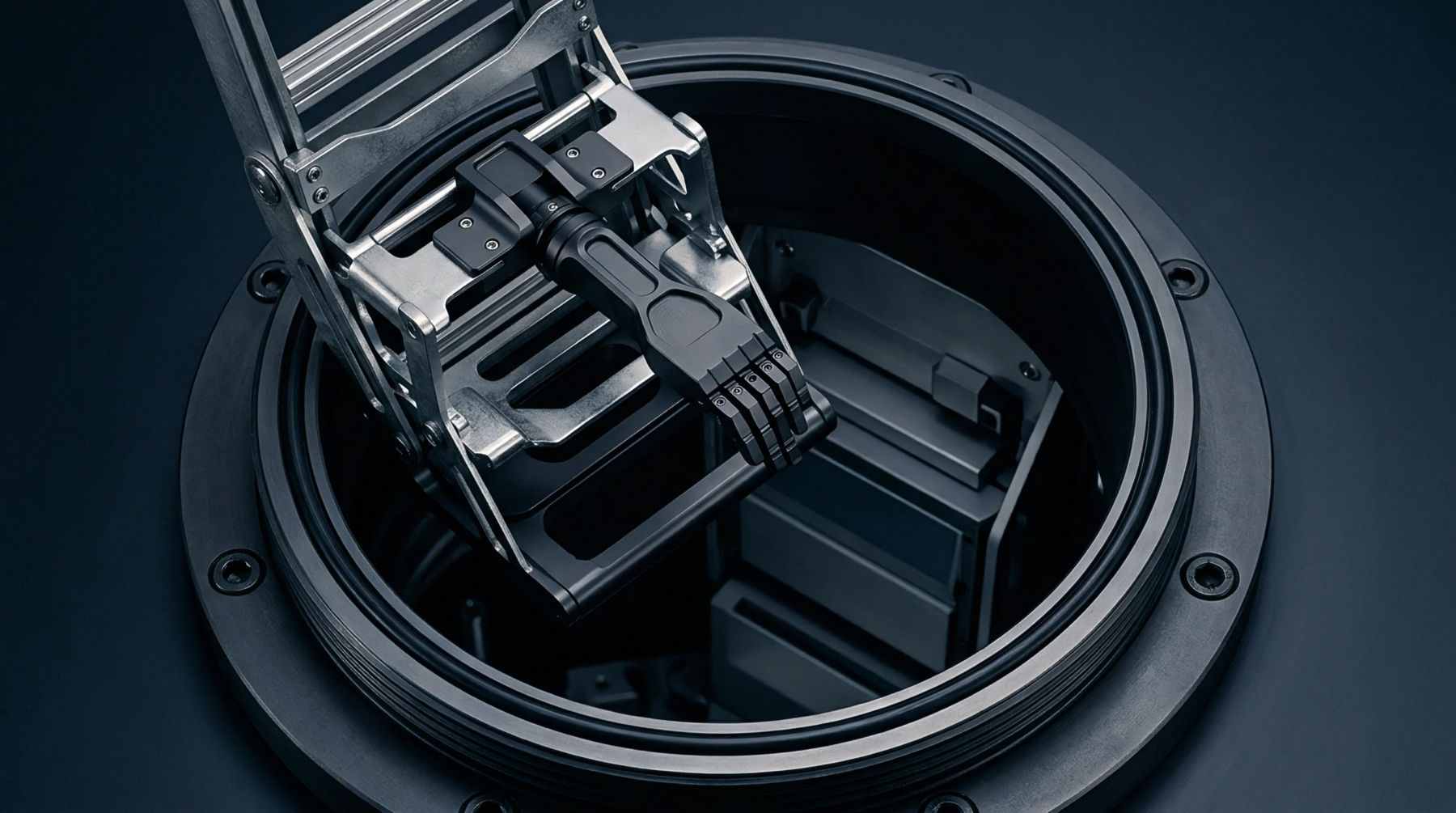 An industrial casing hatch exposes interior racking components and a black handle in a technical render of an energy storage unit.