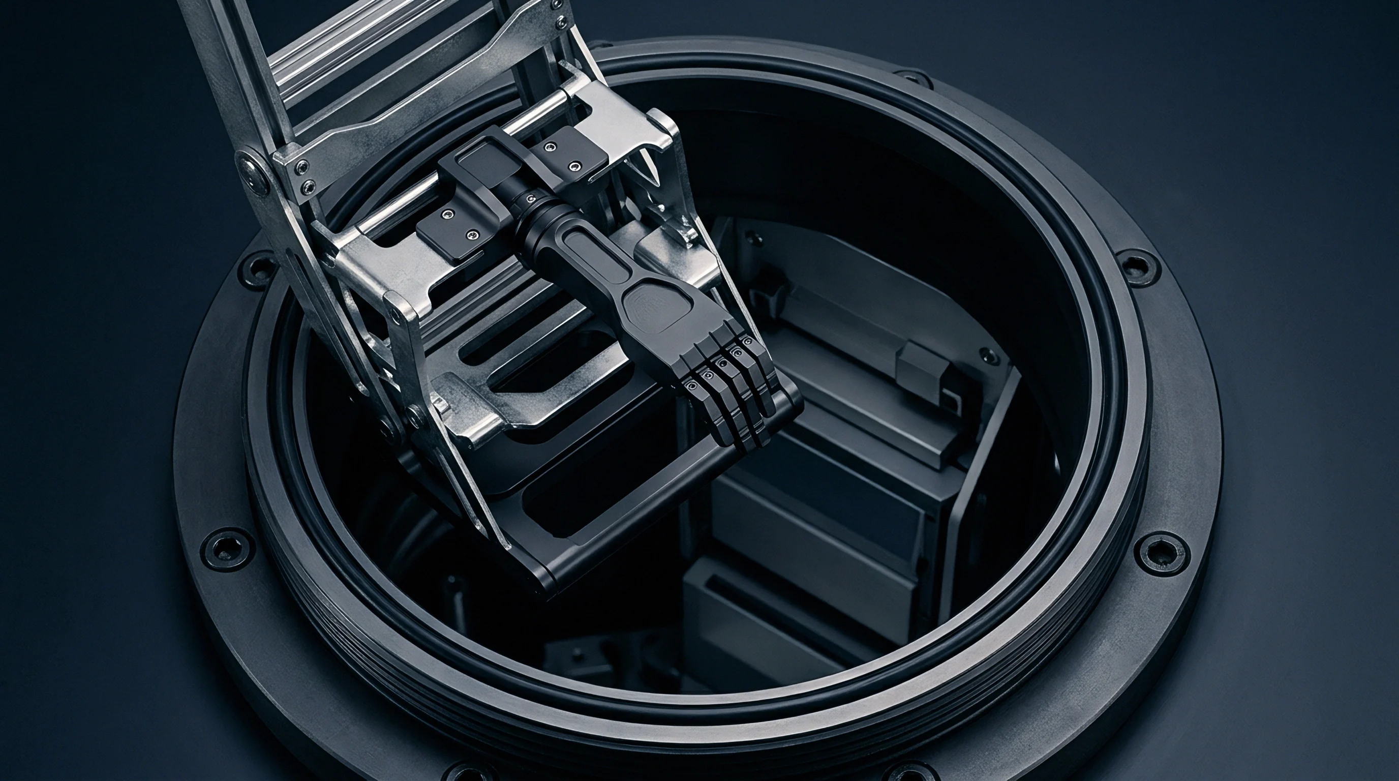 An industrial casing hatch exposes interior racking components and a black handle in a technical render of an energy storage unit.