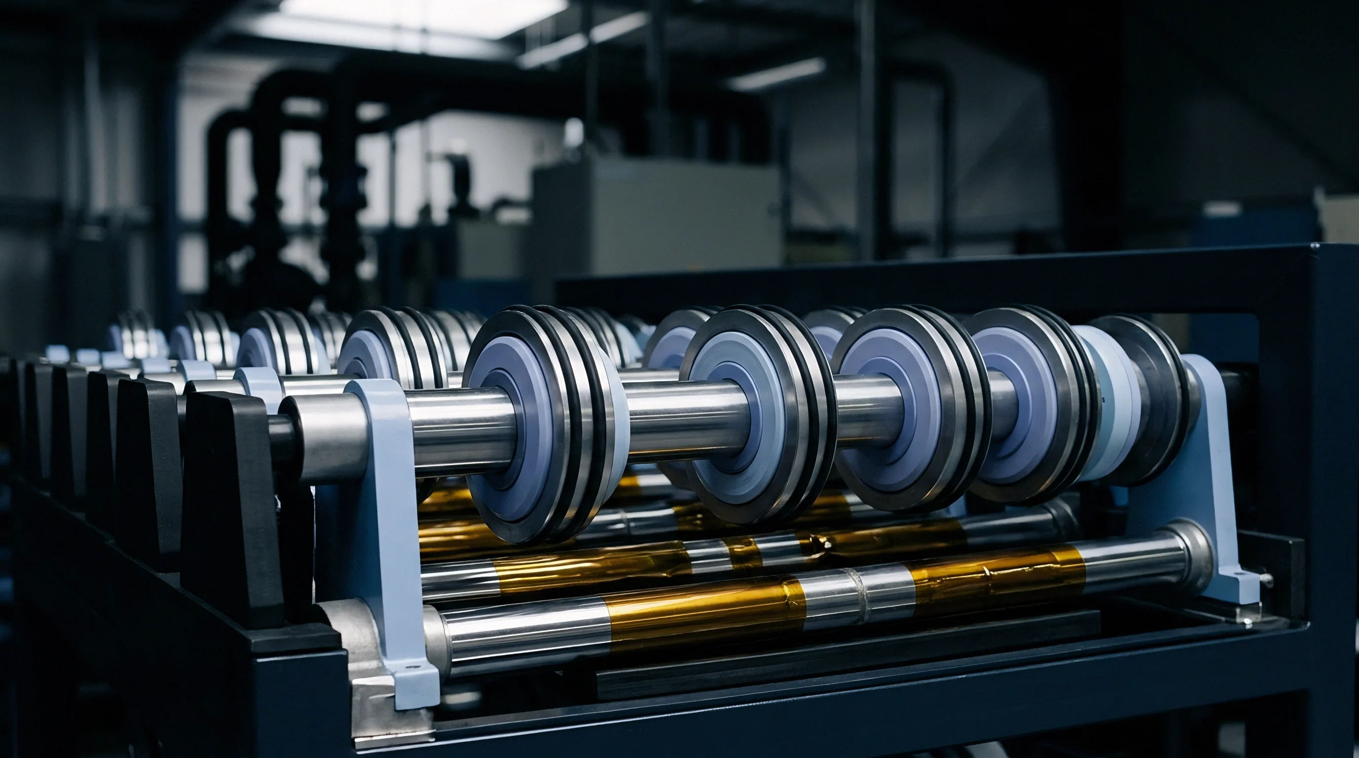Blue and silver mechanical rollers align above horizontal metallic bars wrapped in gold colored foil inside a spacious industrial manufacturing facility.