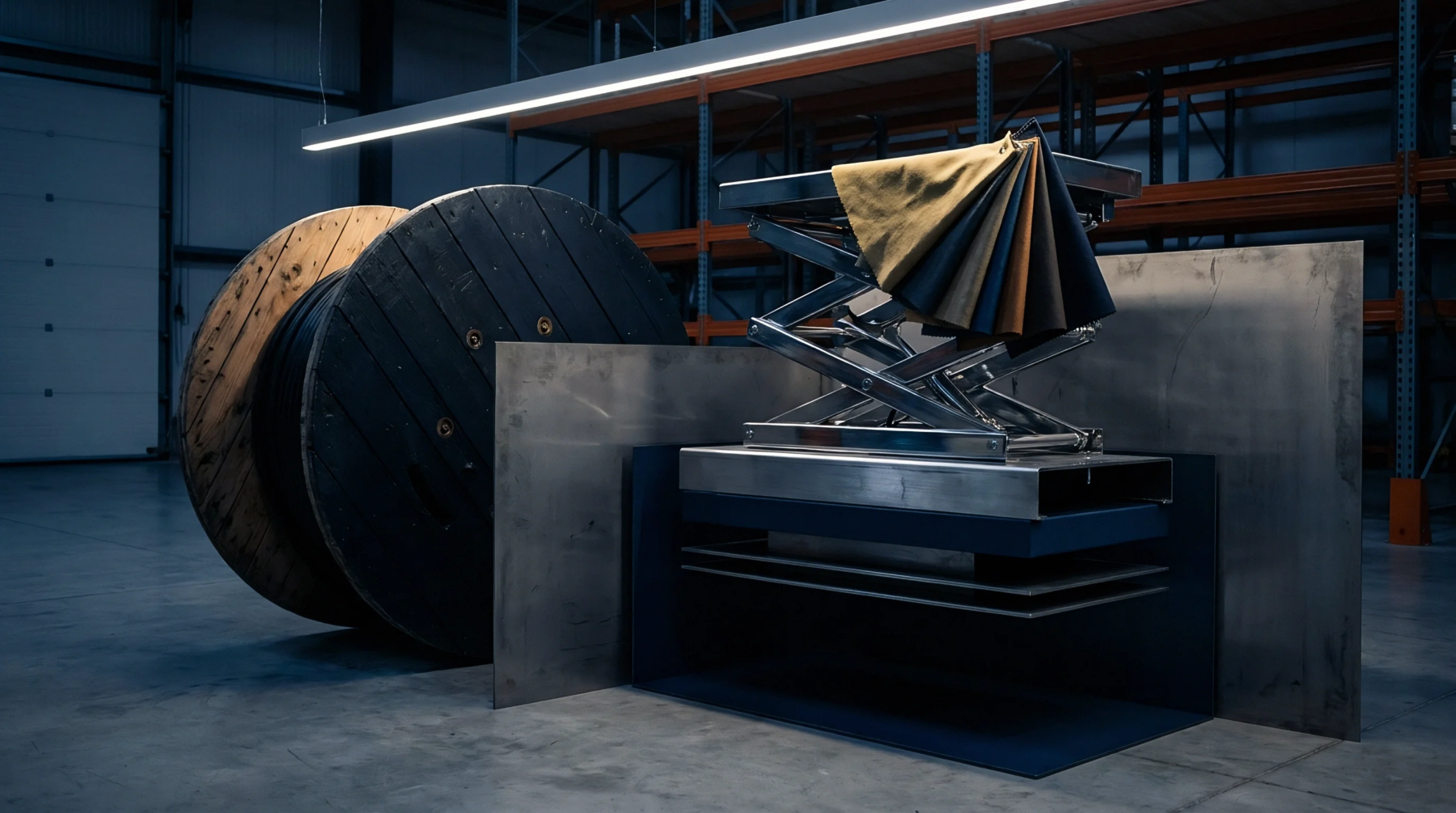 Heavy industrial warehouse storage features stacked steel sheets, wooden cable drums, and a hydraulic scissor lift displaying material samples.