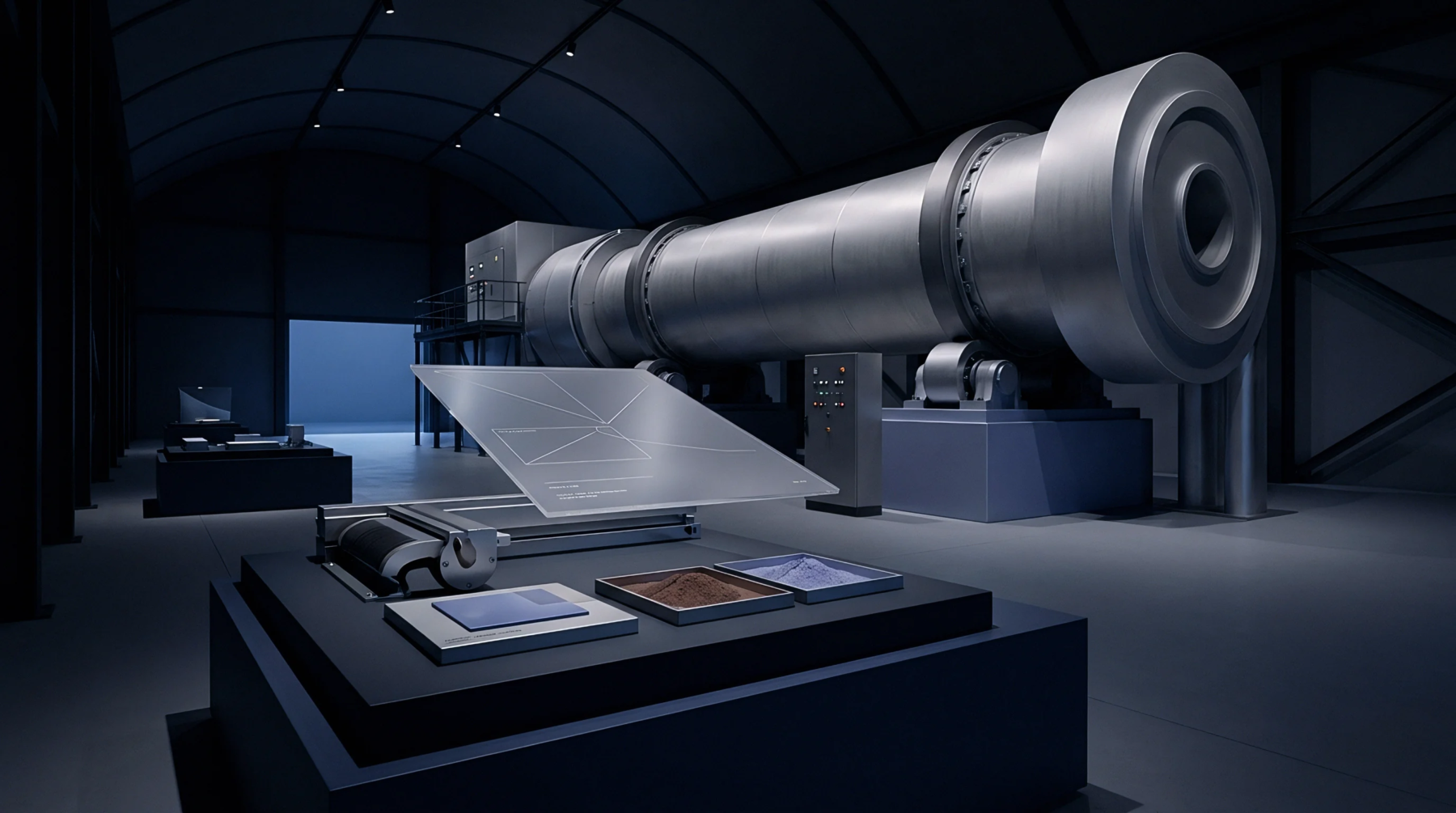 A digital render shows an industrial rotary kiln operating inside a heavy manufacturing facility alongside raw material display pedestals.